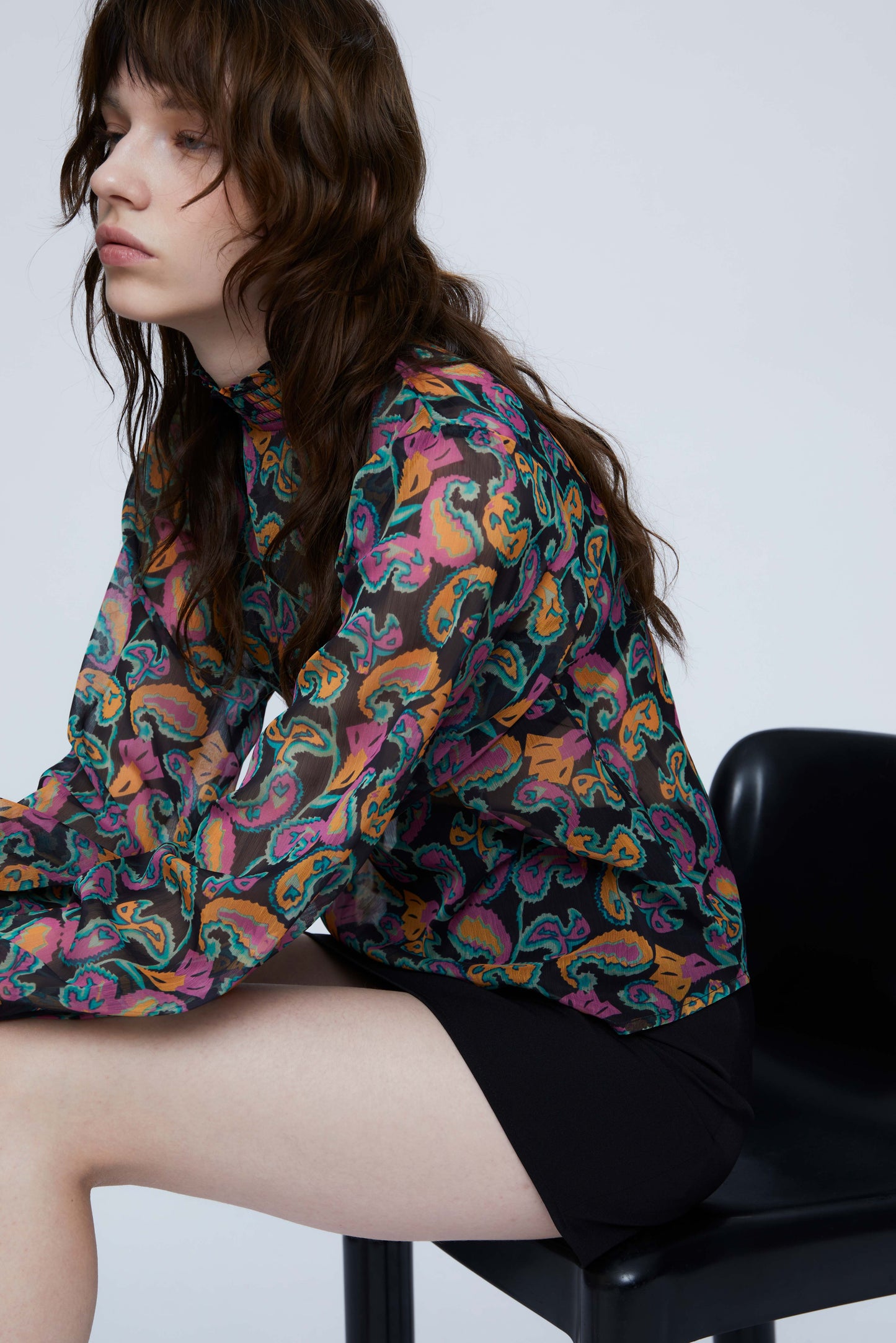 Semi-transparent blouse with multicolored paisley print