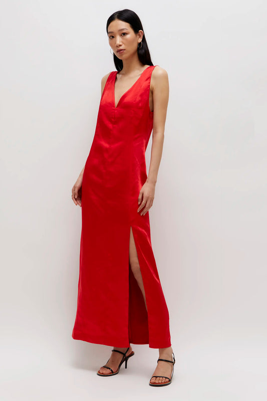 Long red satin dress