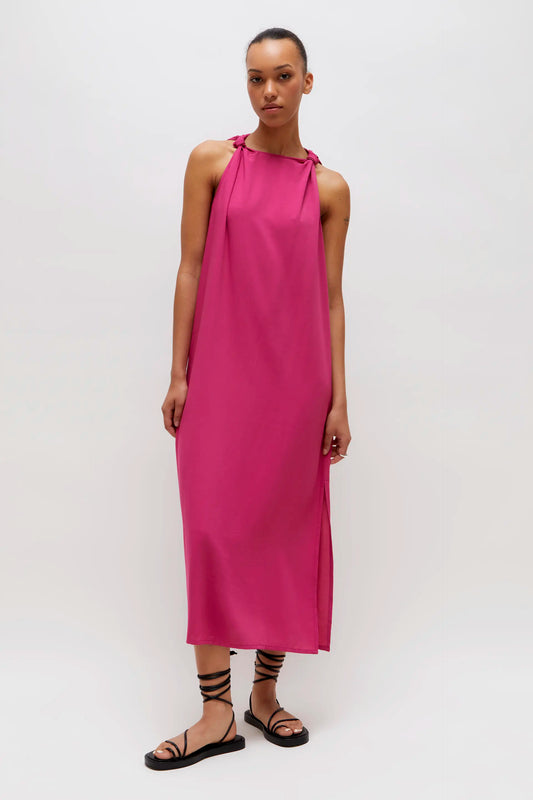 Long satin dress with pink straps