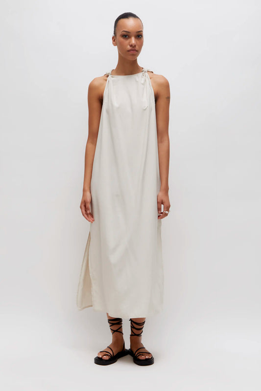 Long white satin dress with straps