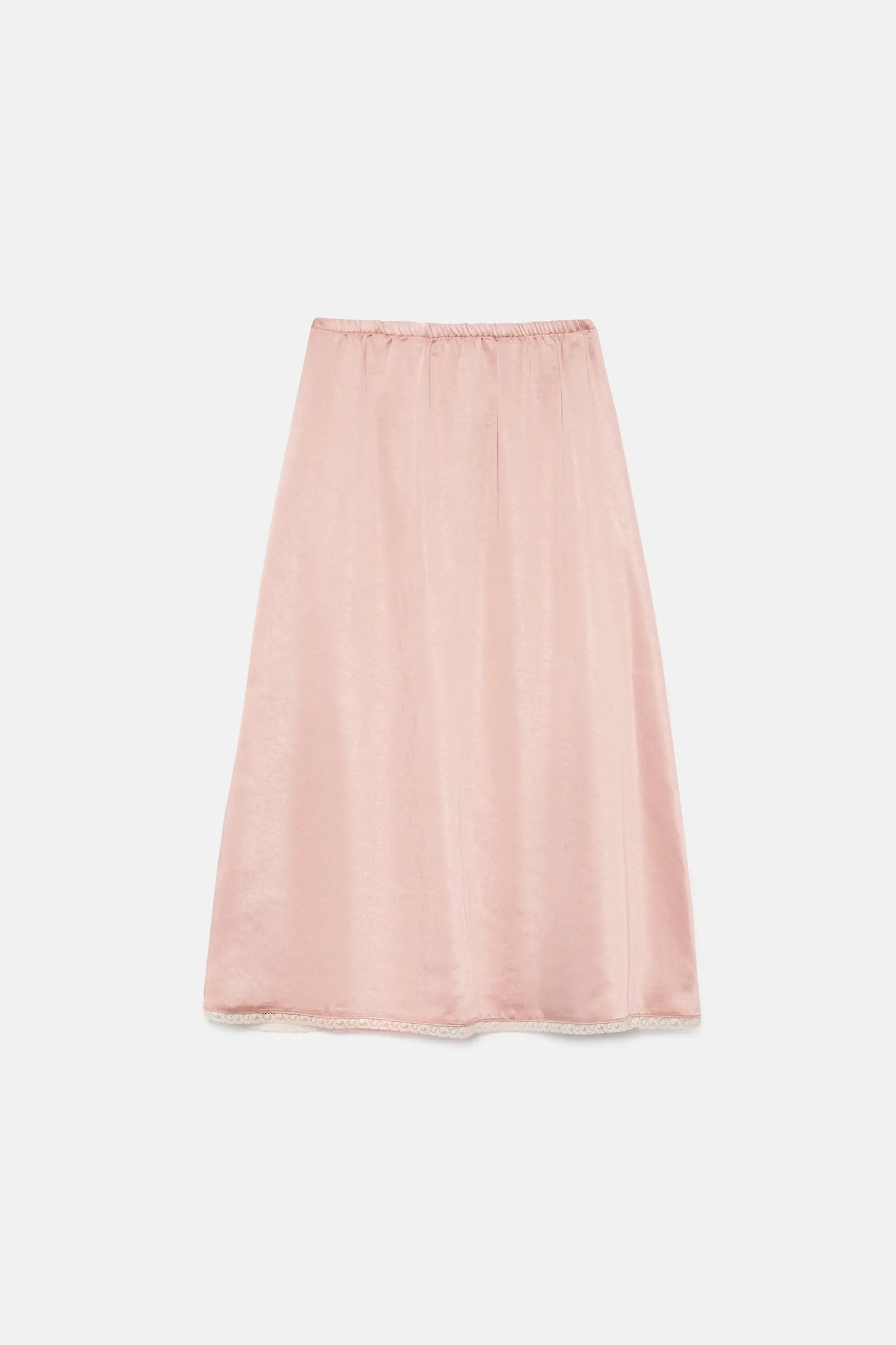 Falda midi satinada encaje rosa