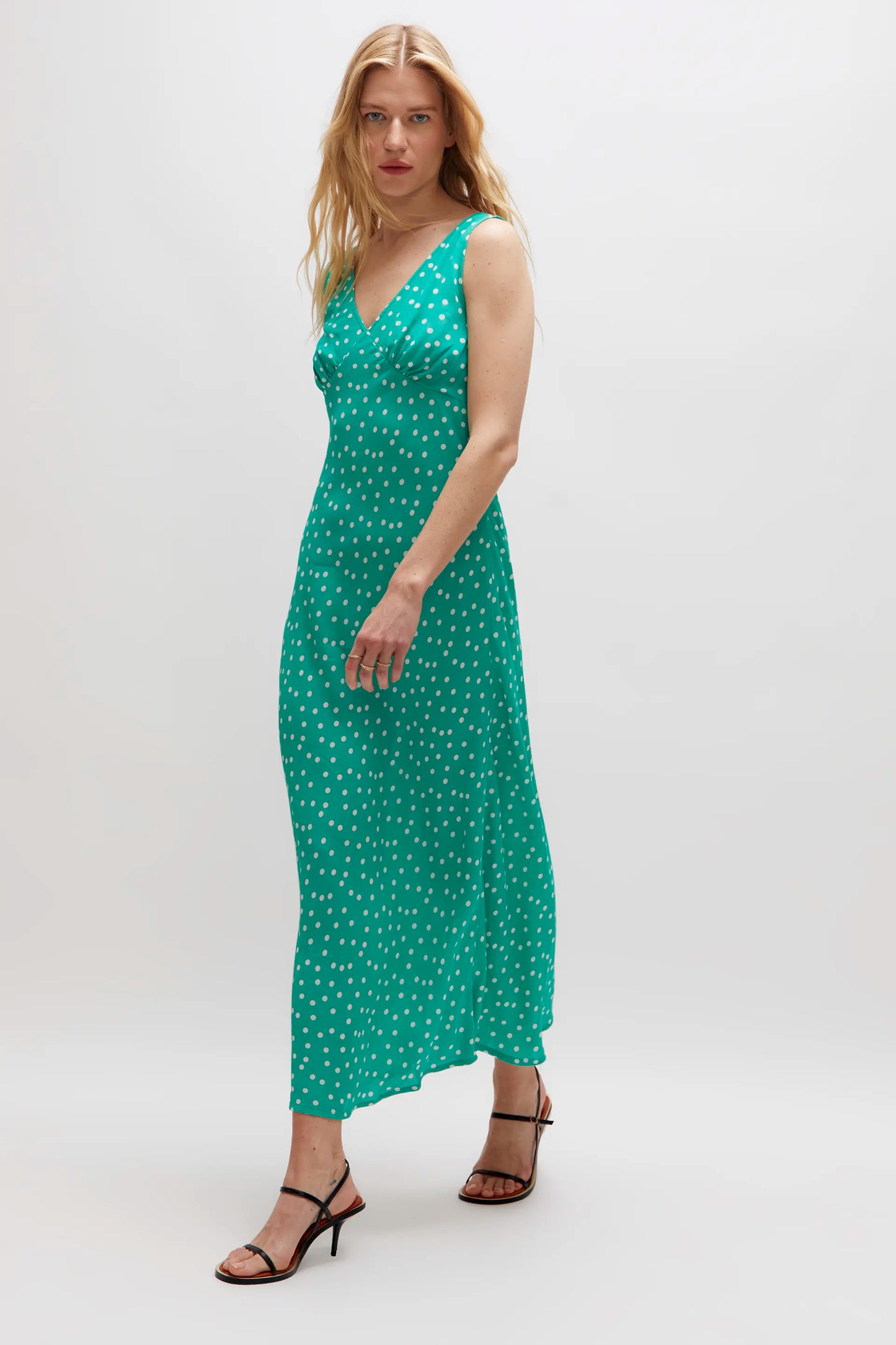 Long green polka dot dress