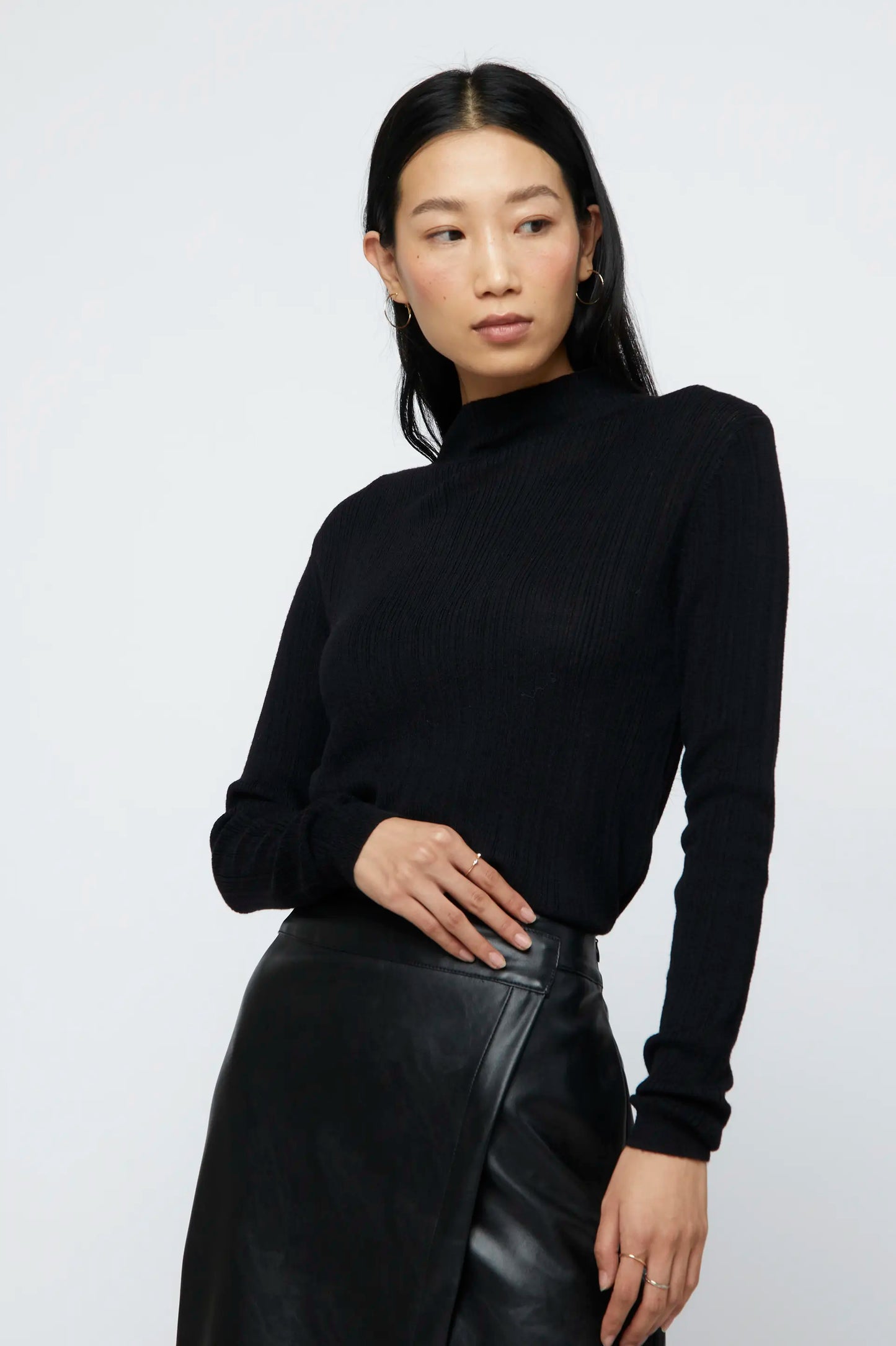 Black ribbed perkins neck top