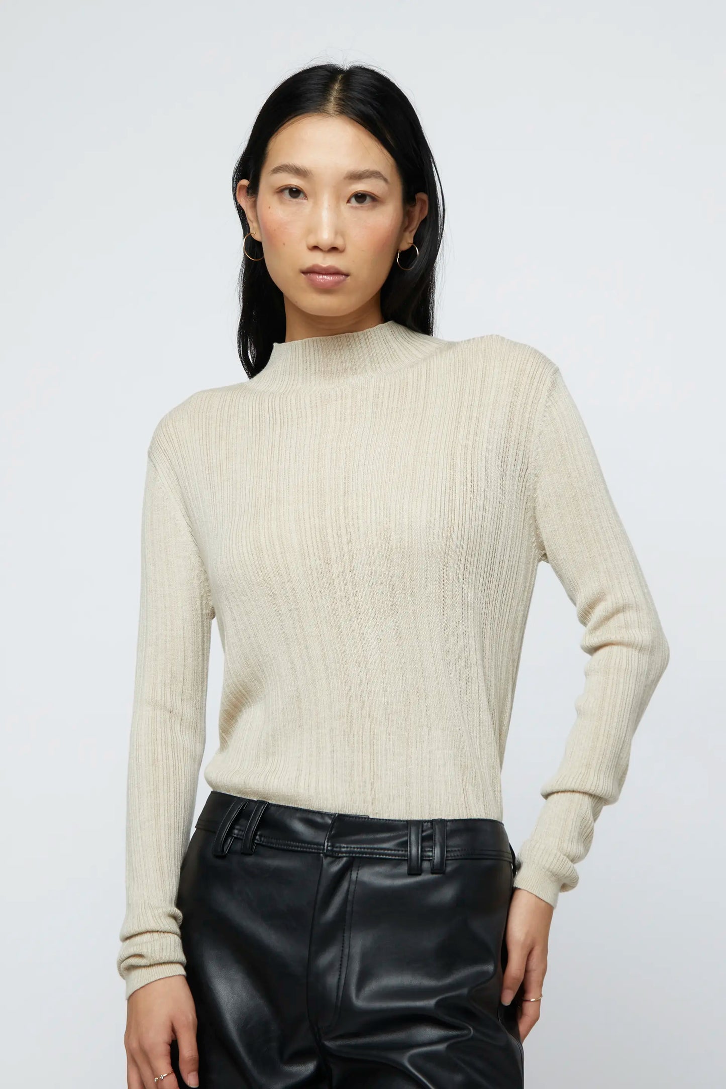 Beige ribbed Perkins neck top