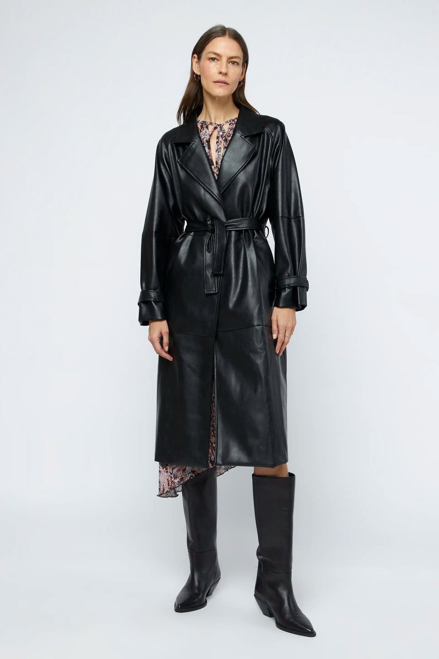 Black faux leather trench coat