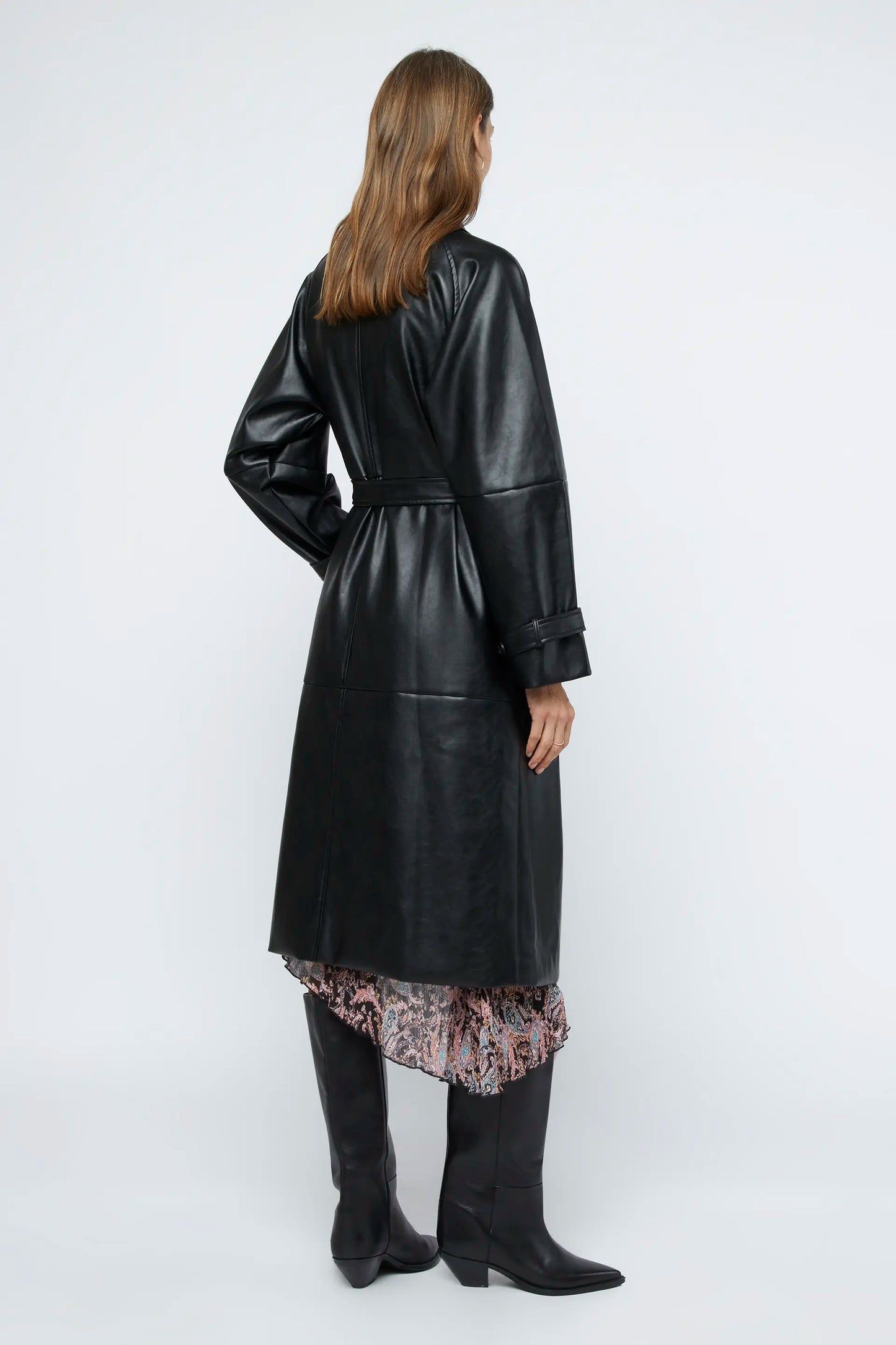 Black faux leather trench coat