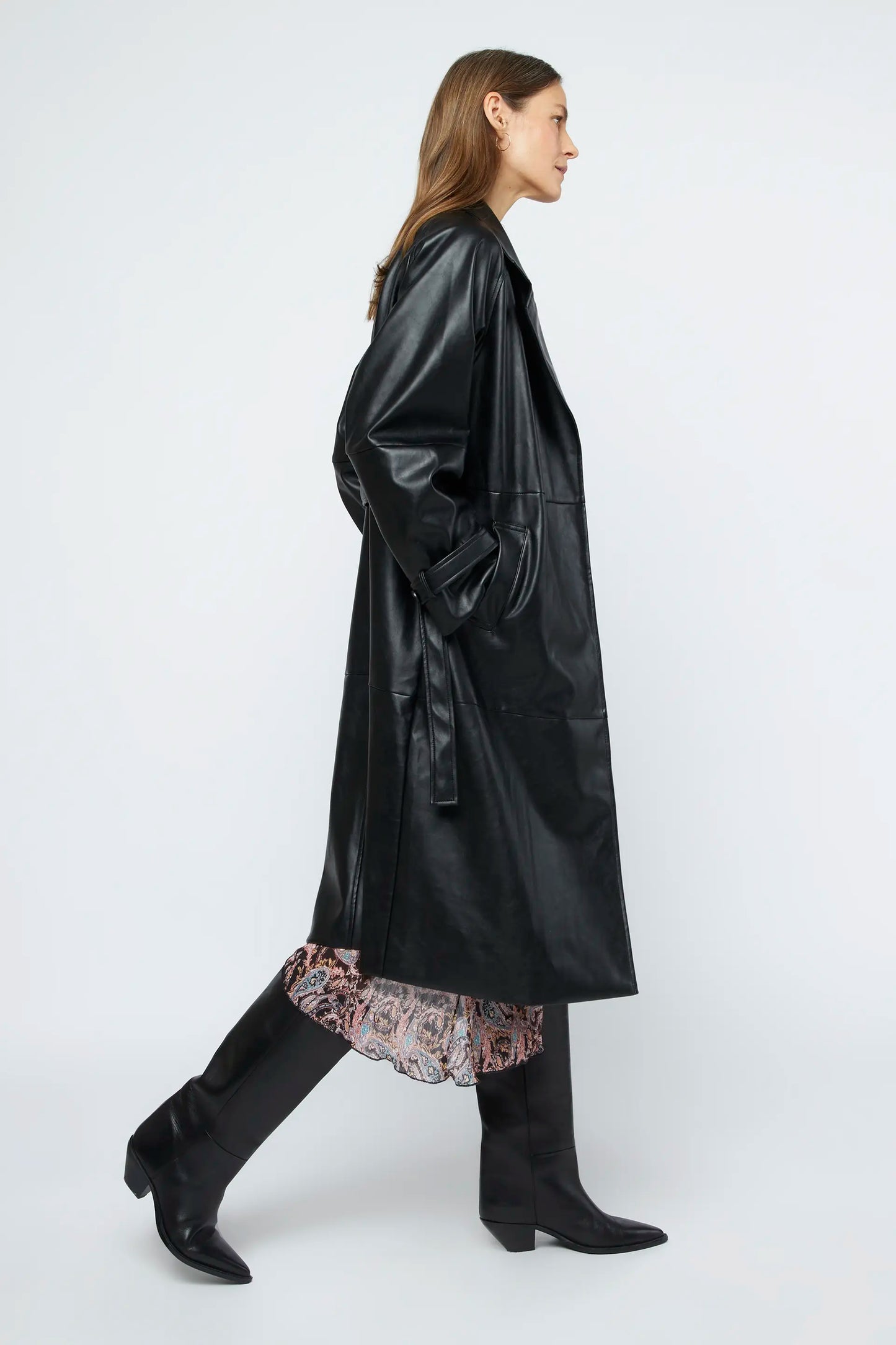 Black faux leather trench coat