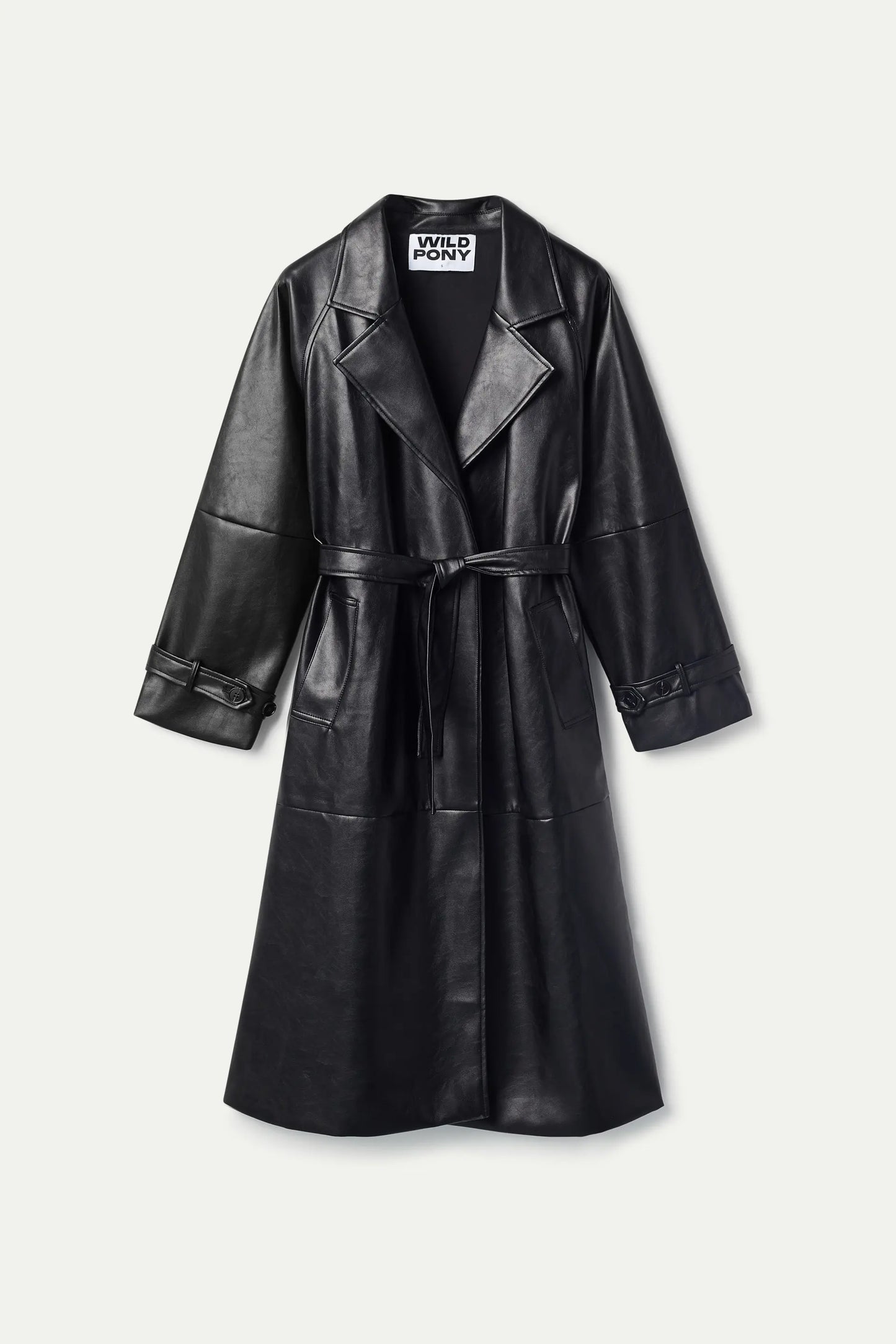 Black faux leather trench coat