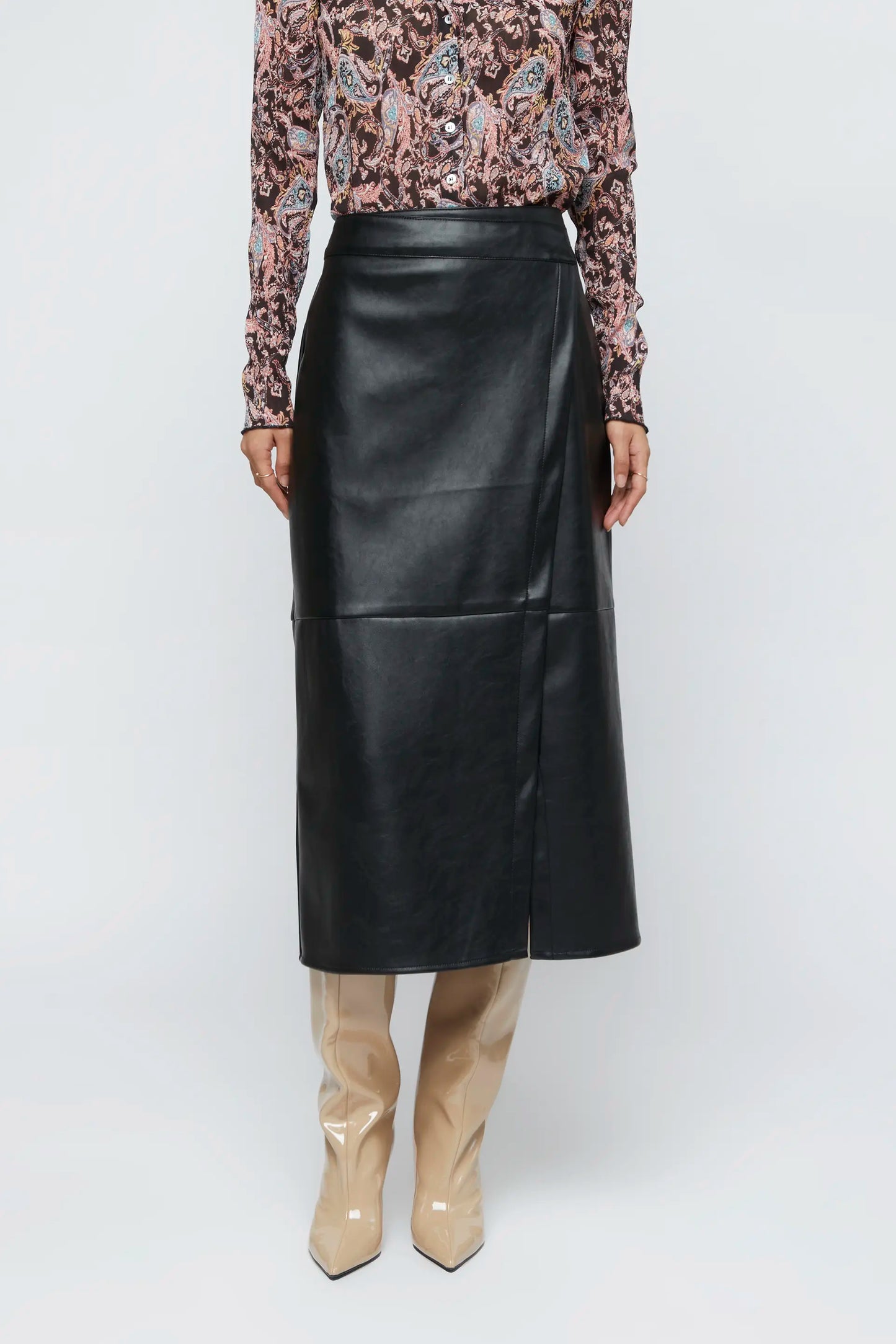 Black faux leather midi skirt