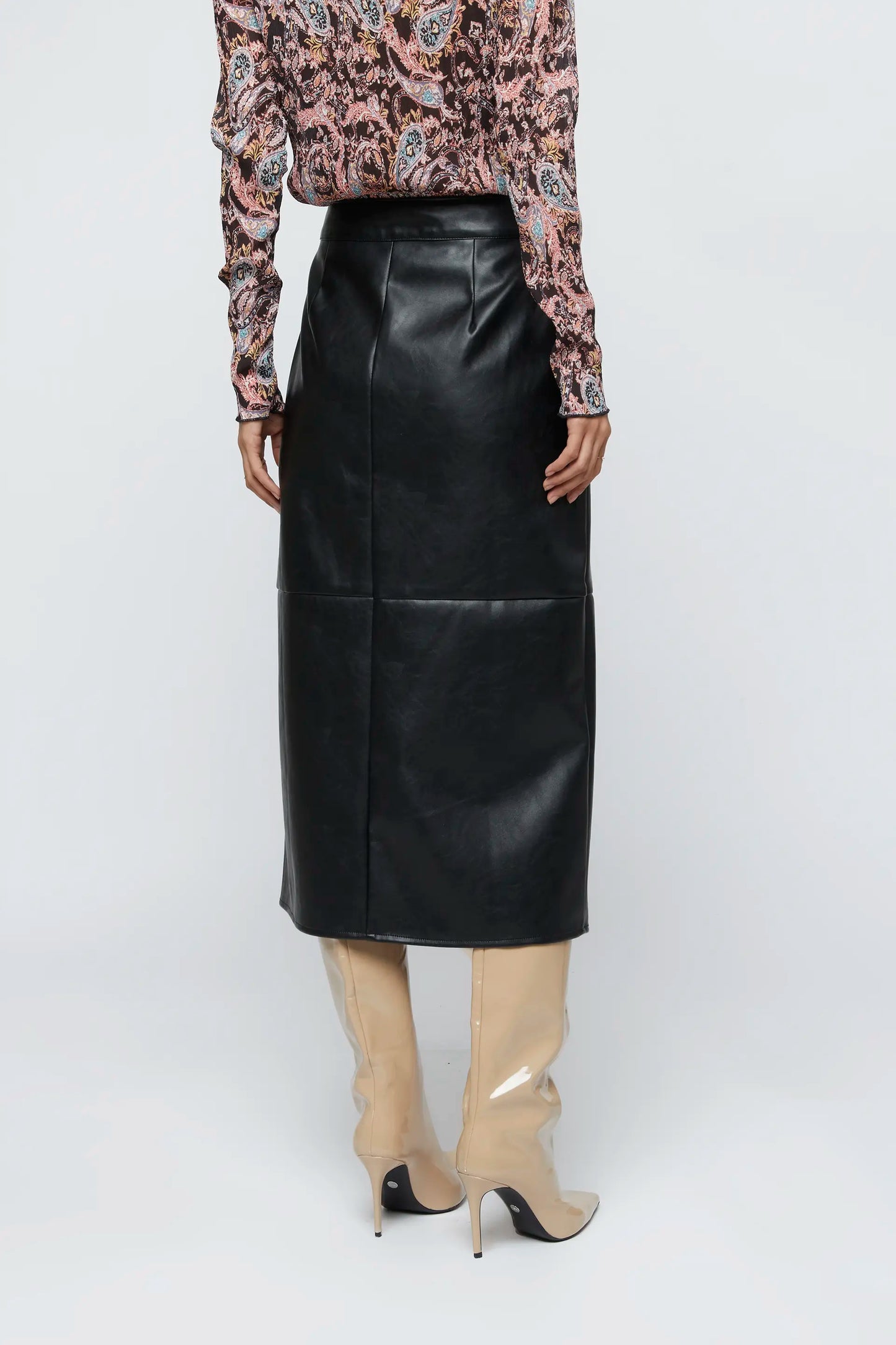 Black faux leather midi skirt