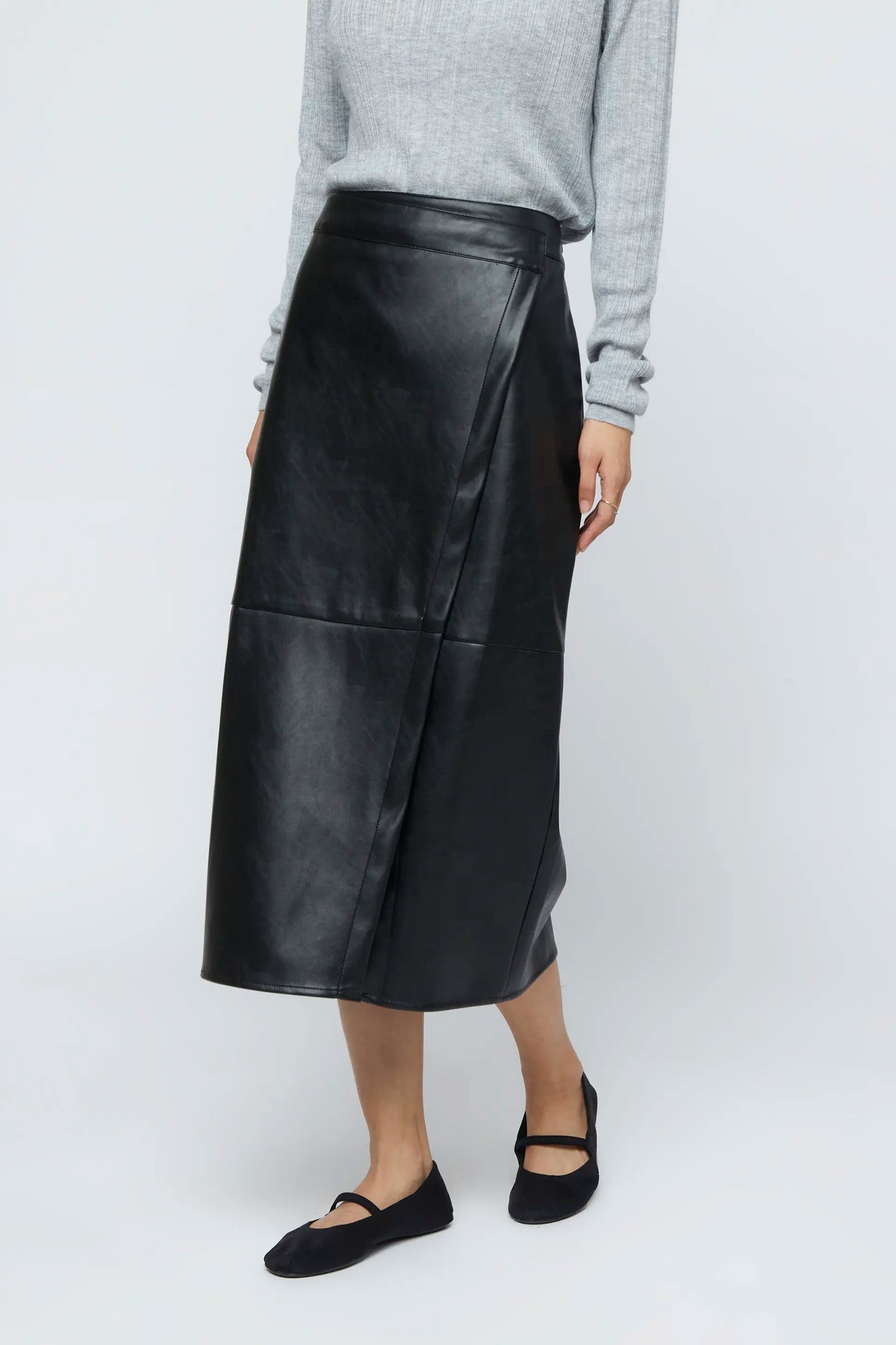 Black faux leather midi skirt