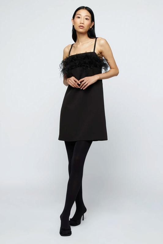 Vestido corto crepe plumas negro