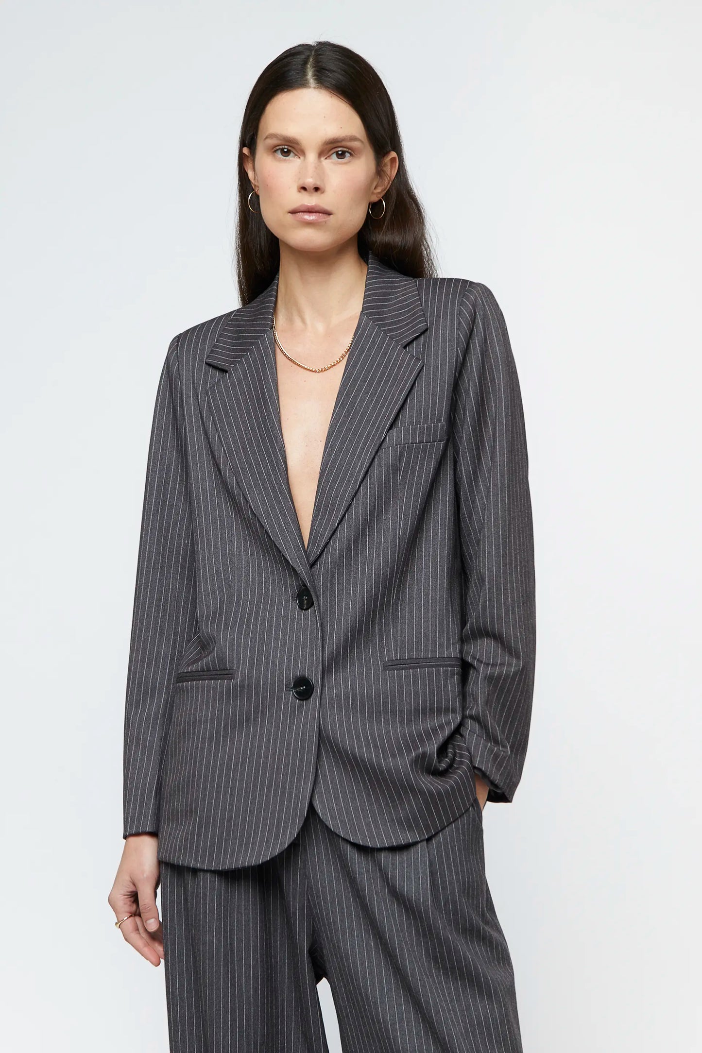 Gray pinstripe suit blazer