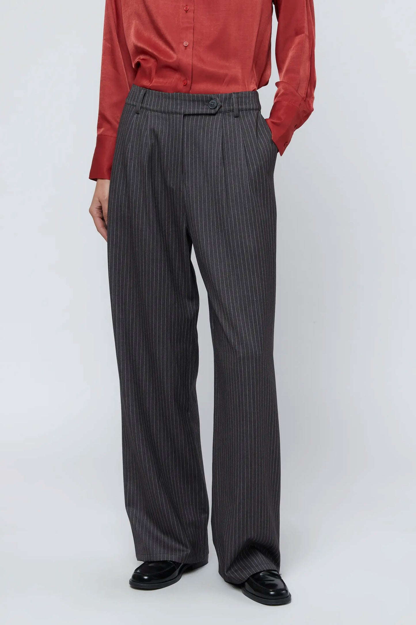 Straight grey pinstripe suit trousers