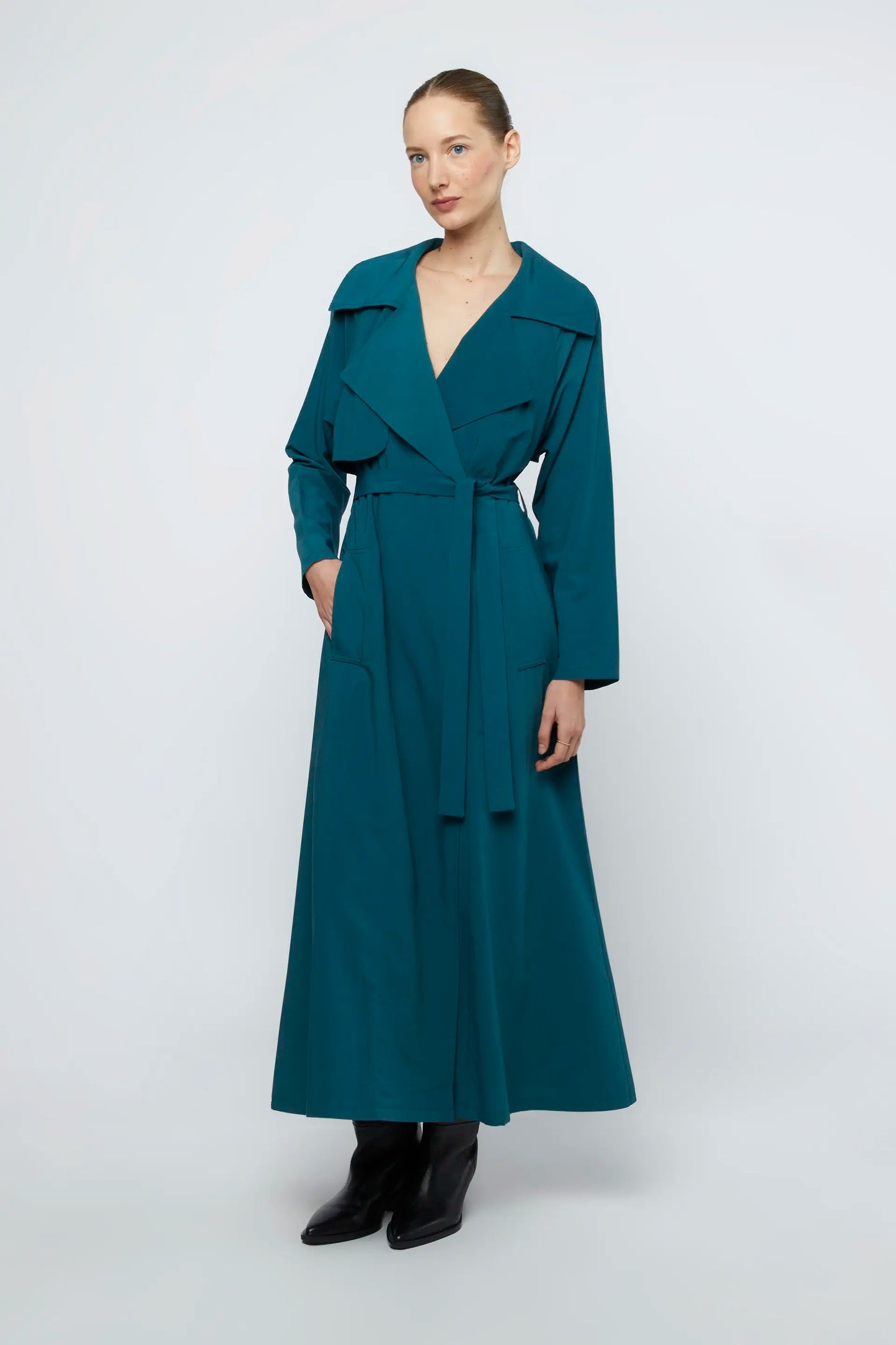 Long green trench coat dress