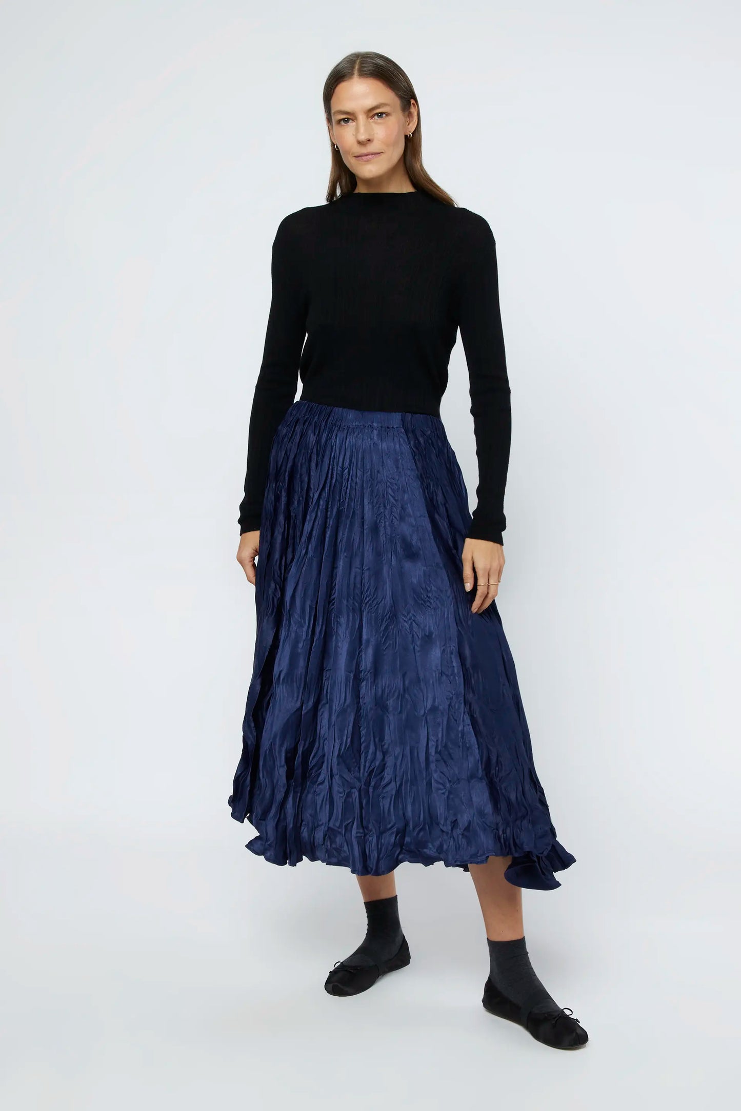 Long skirt in blue crumpled satin