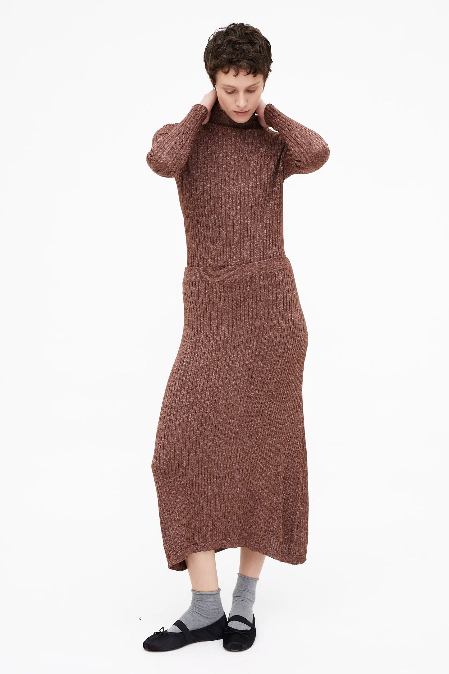 Brown ribbed knit top with Perkins collar