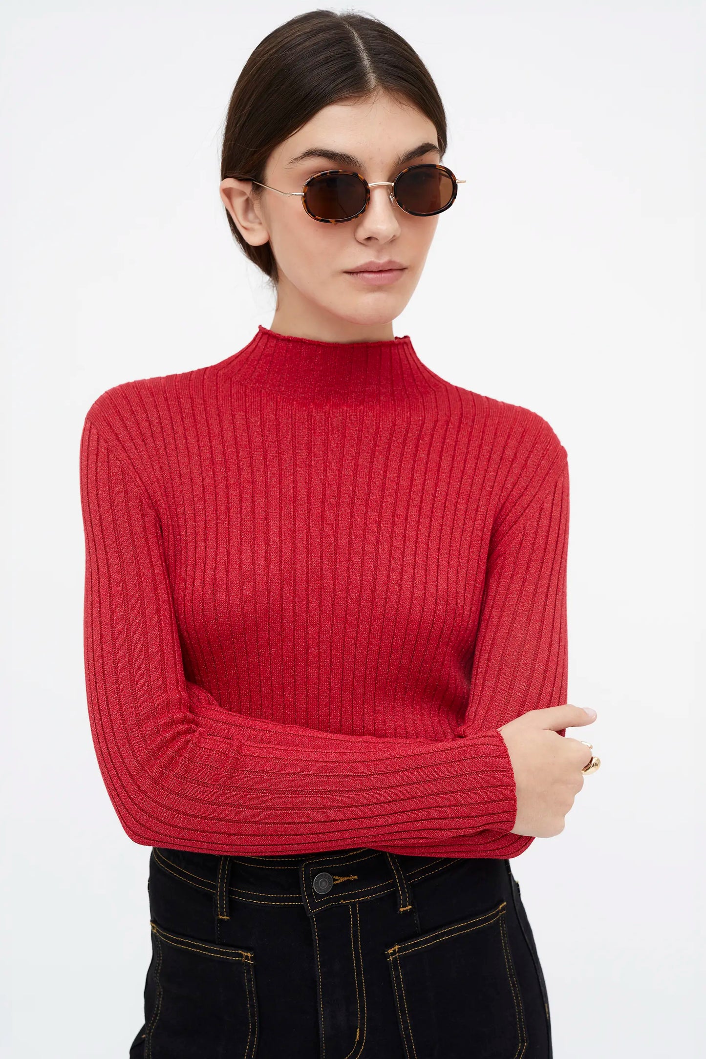 Top de punto canalé cuello perkins rojo