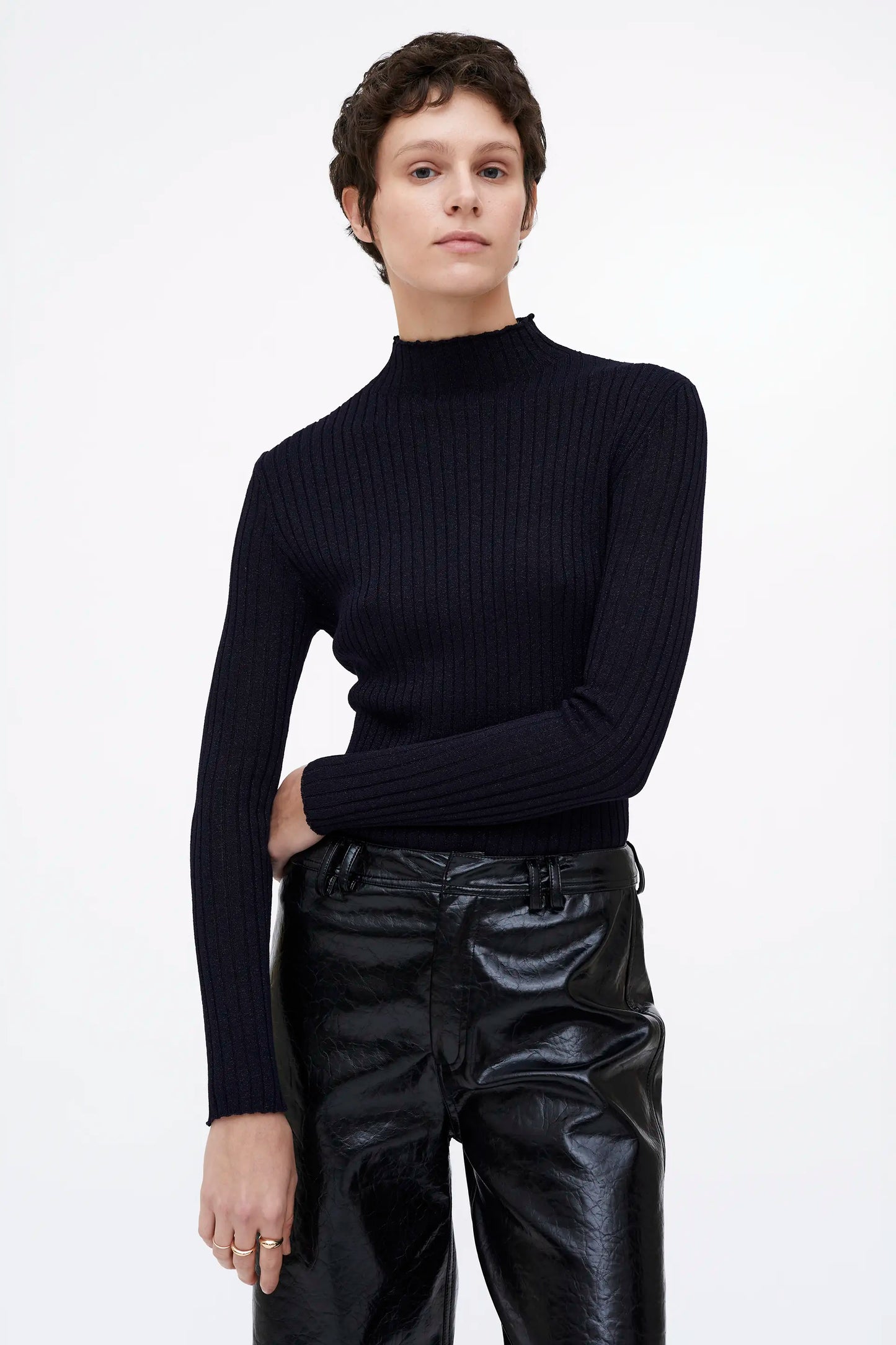 Top de punto canalé cuello perkins Navy Blue