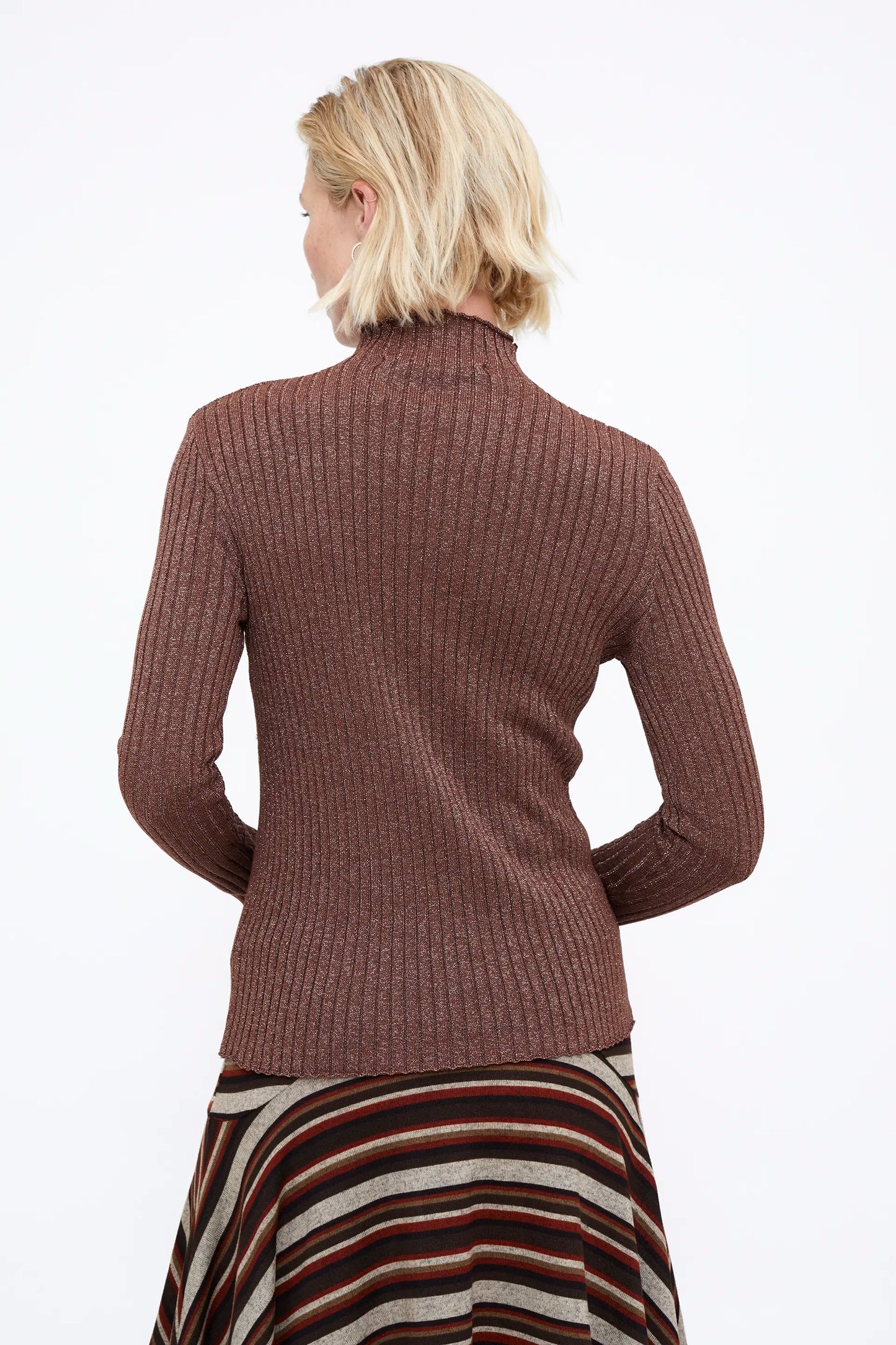 Brown ribbed knit top with Perkins collar