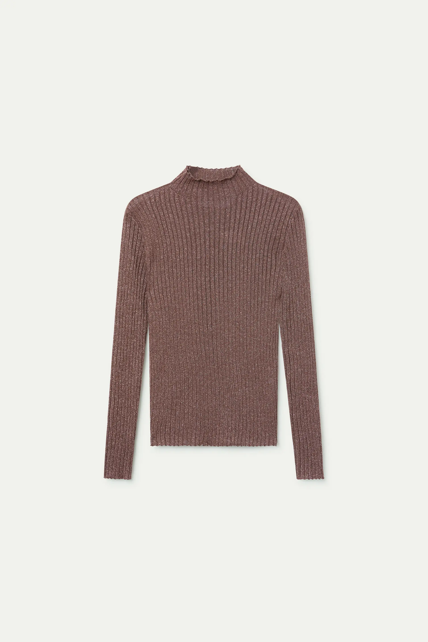 Brown ribbed knit top with Perkins collar