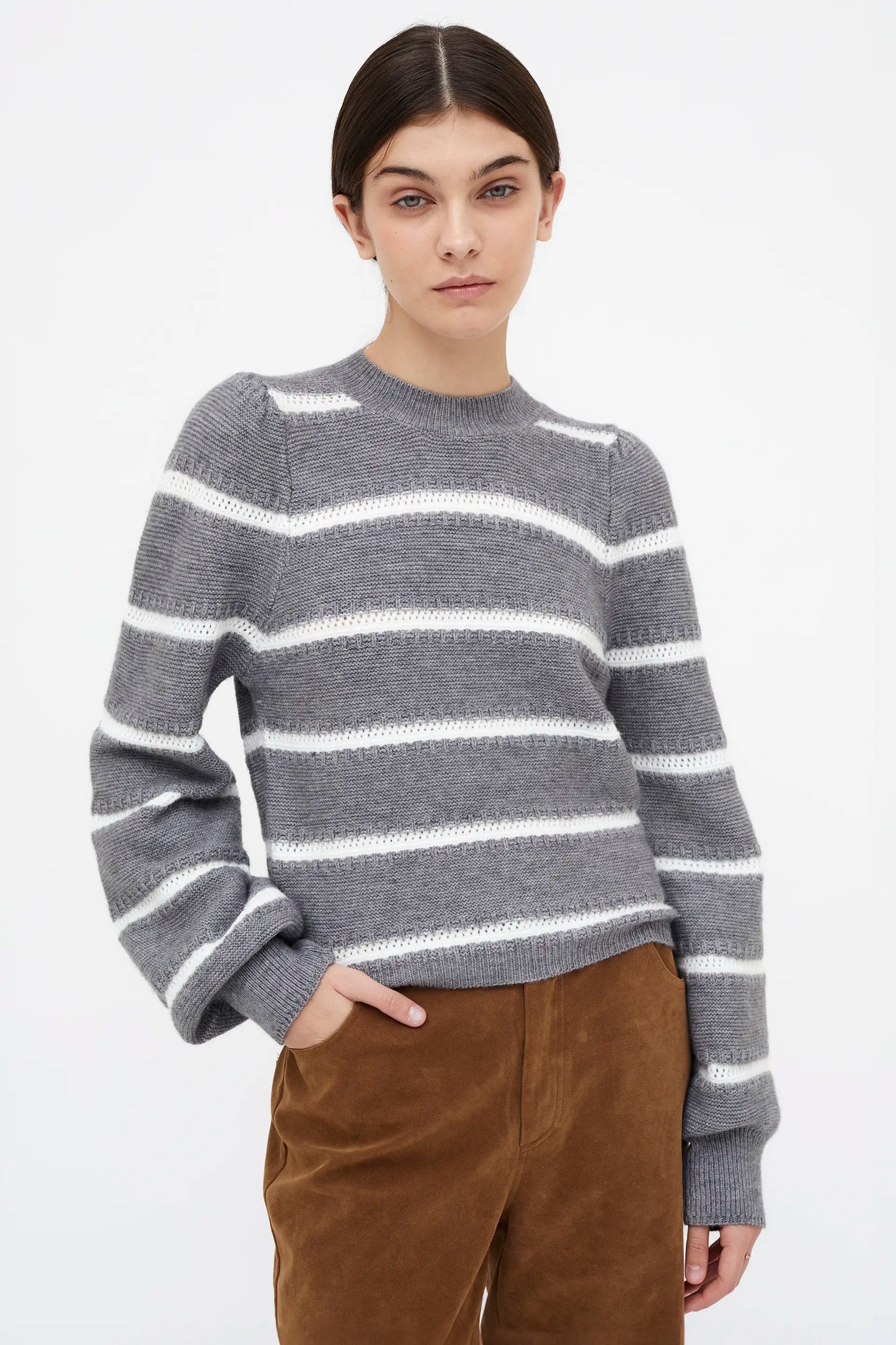 White and gray striped knit sweater