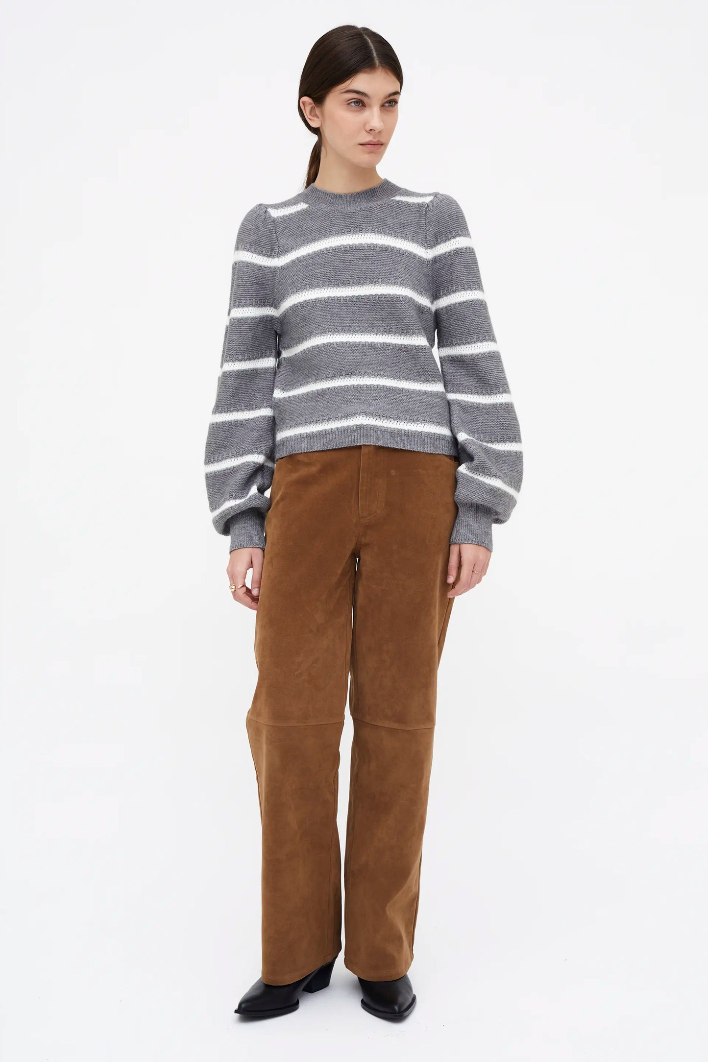 White and gray striped knit sweater