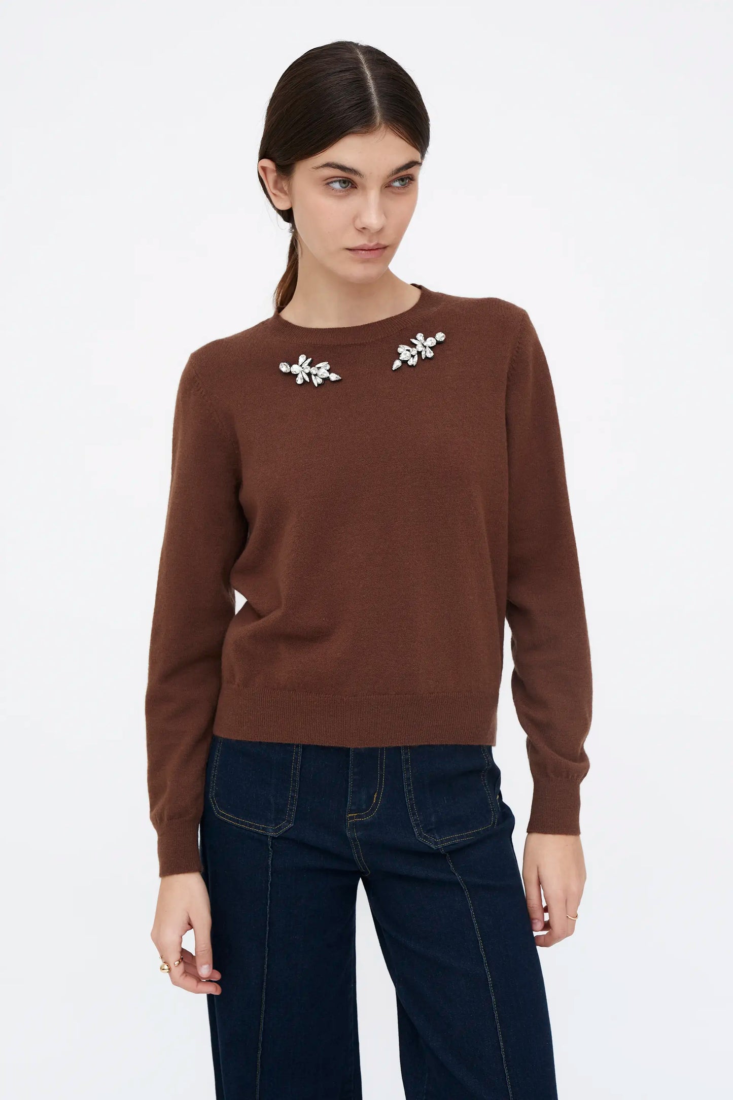 Jersey punto marrón con aplique joya