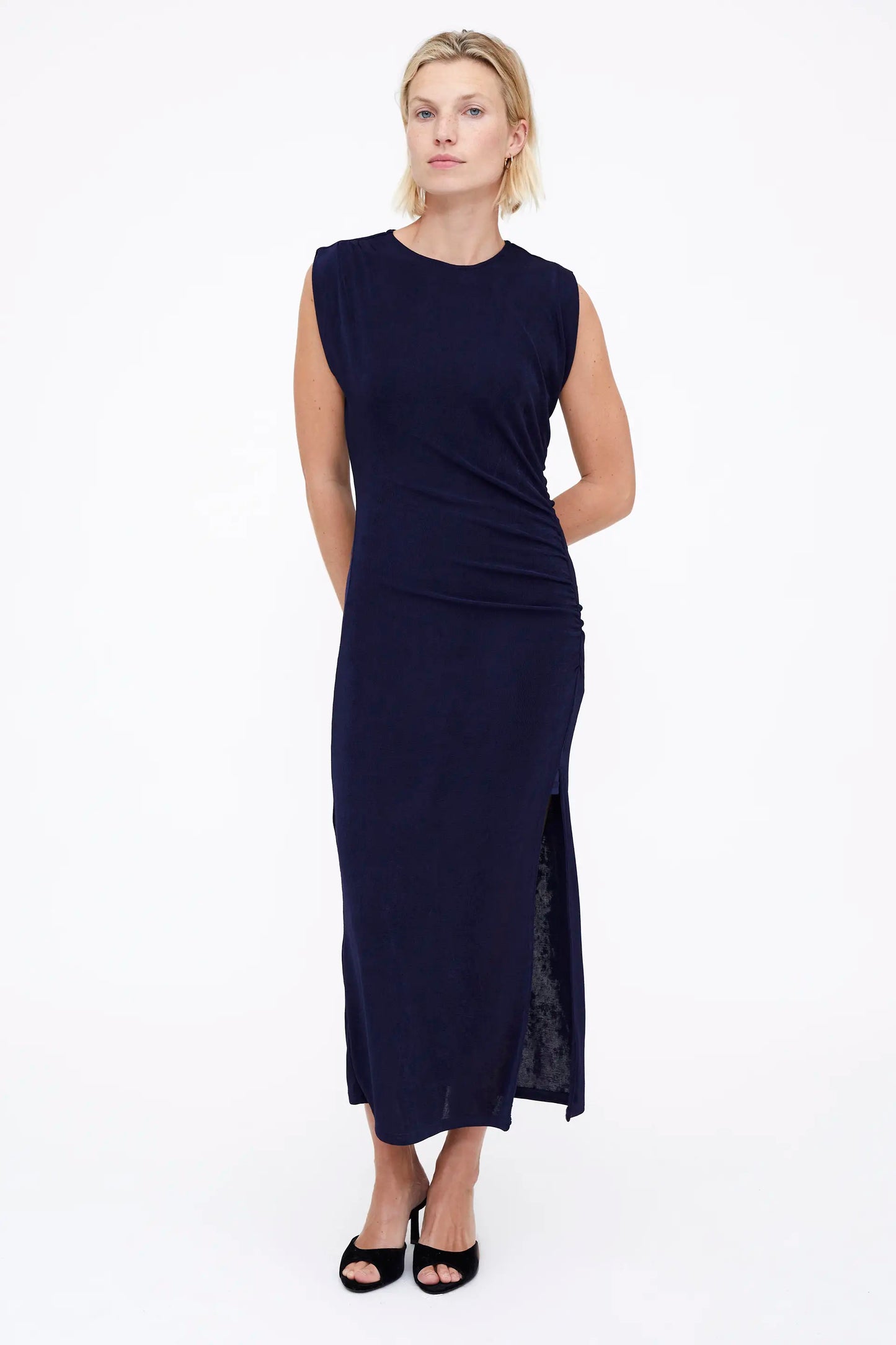Navy Blue Ruched Midi Dress
