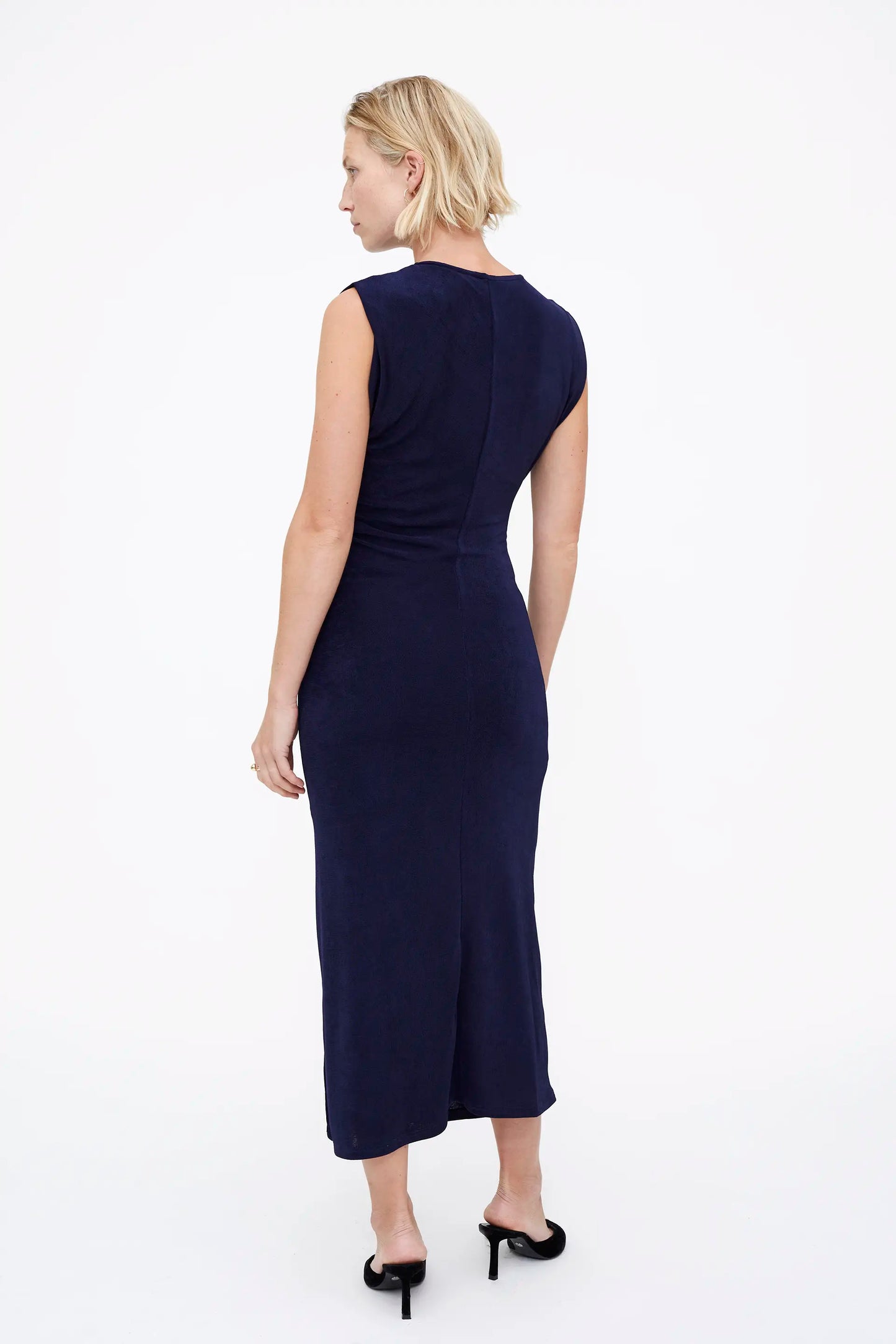 Navy Blue Ruched Midi Dress