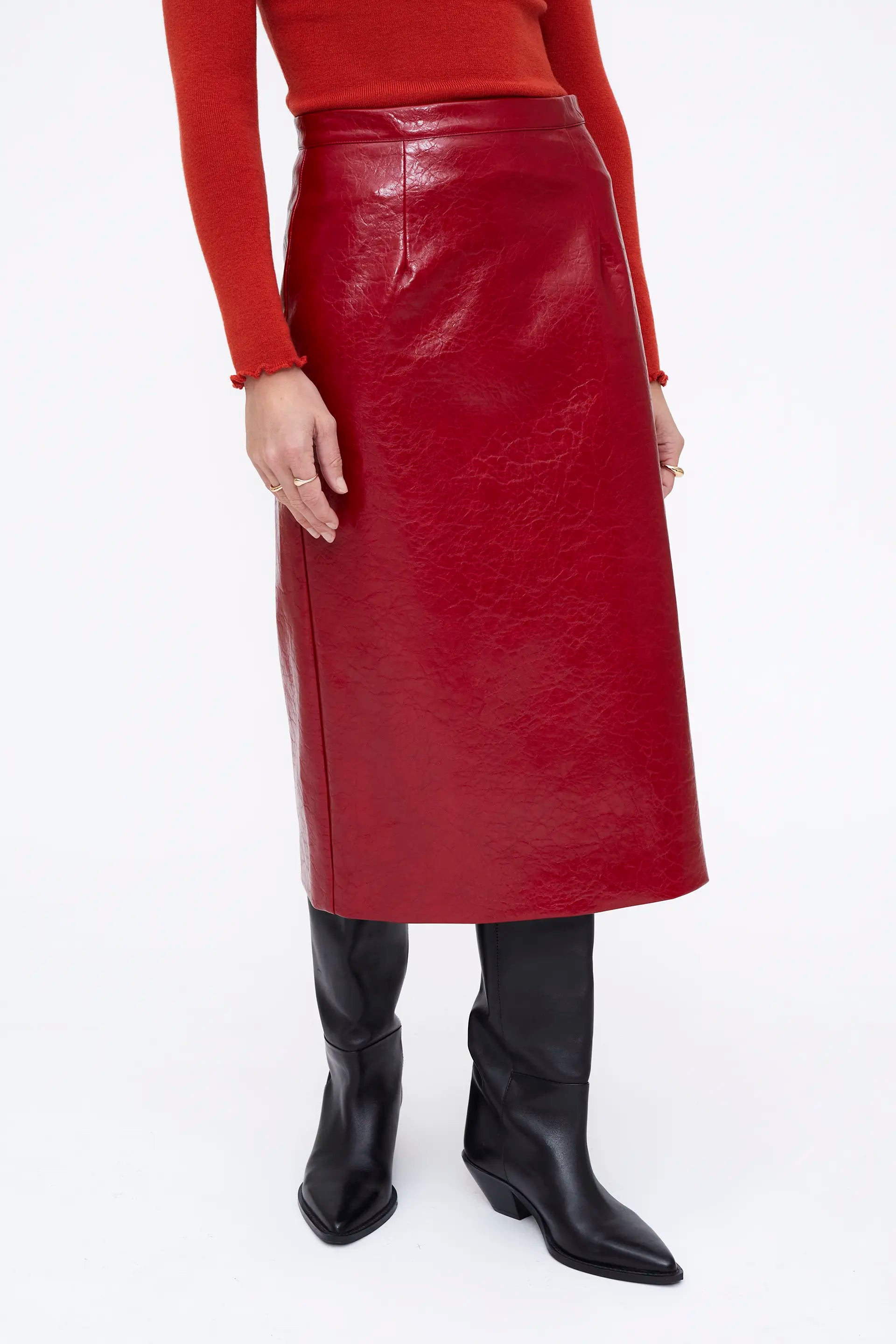 Red Faux Leather Midi Skirt