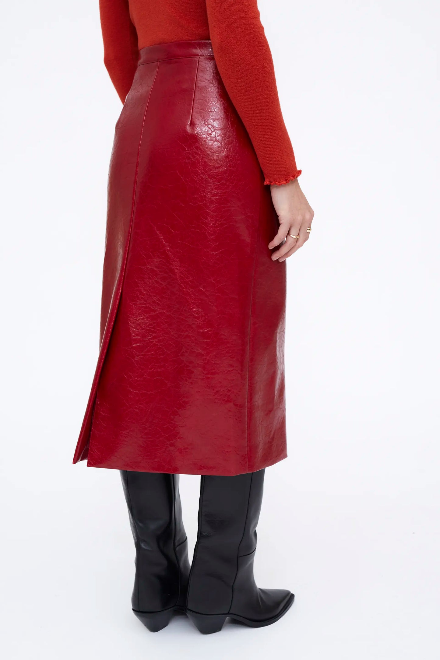 Falda Midi de cuero sintético rojo