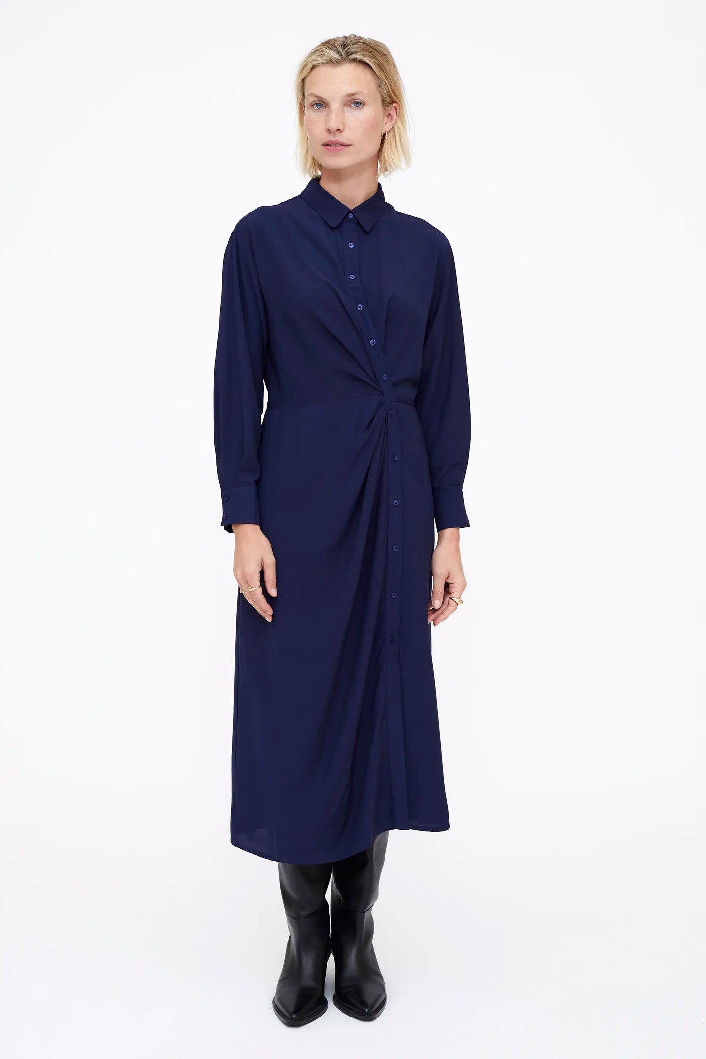 Navy blue crepe midi dress