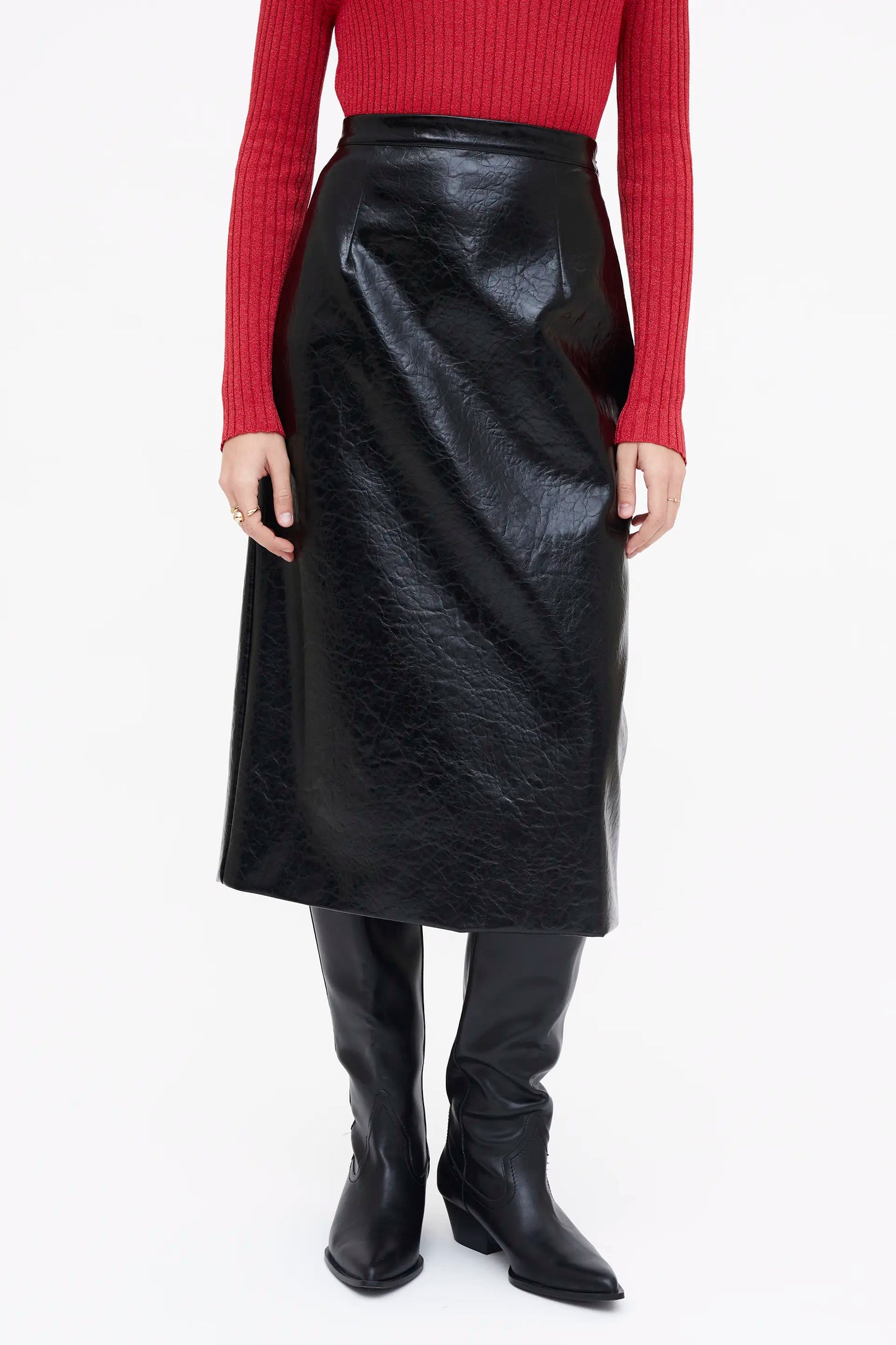 Falda Midi de cuero sintético negro