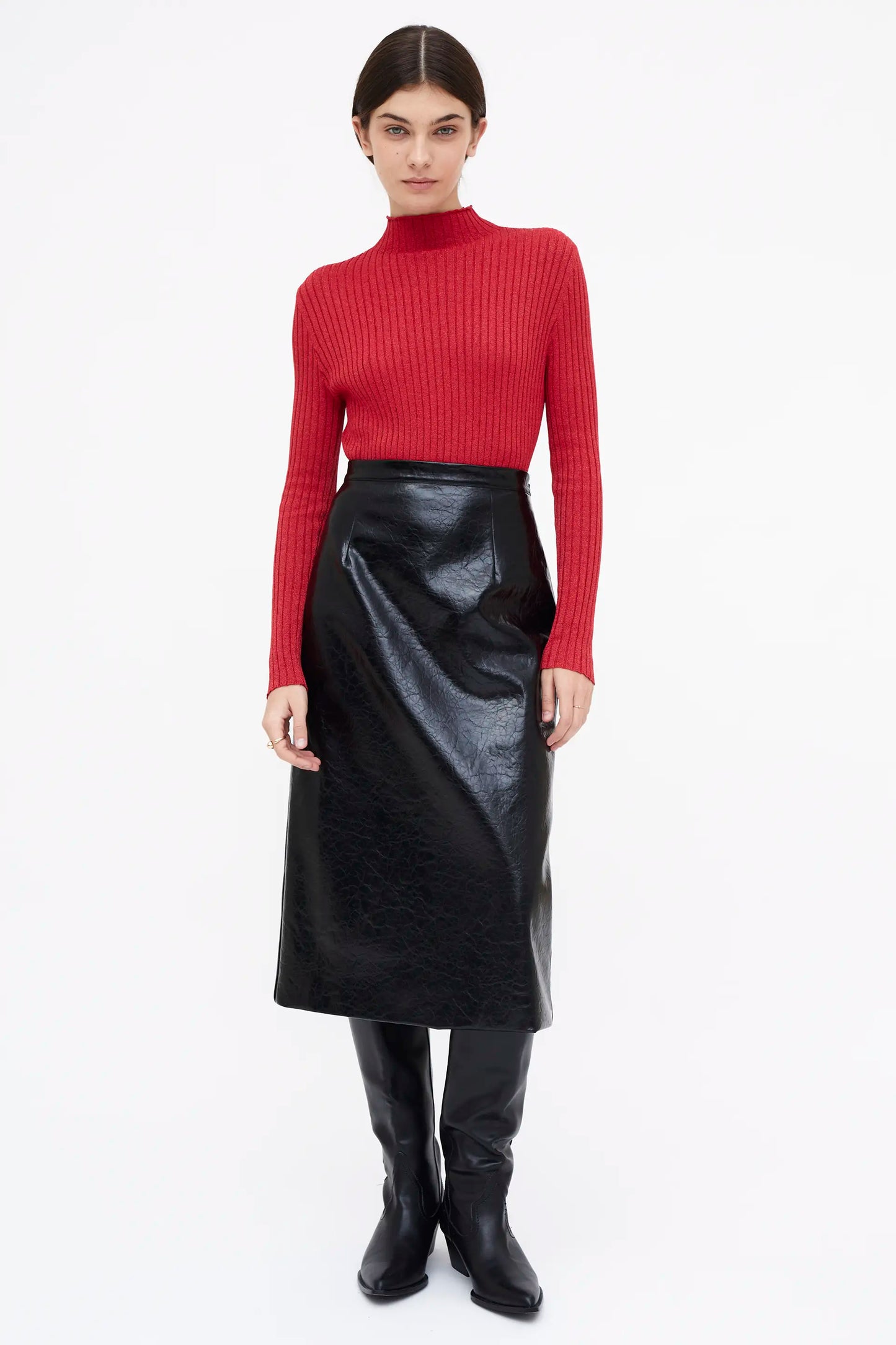 Falda Midi de cuero sintético negro