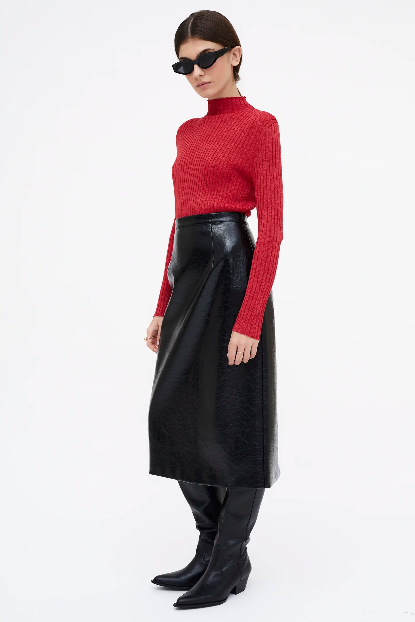 Falda Midi de cuero sintético negro