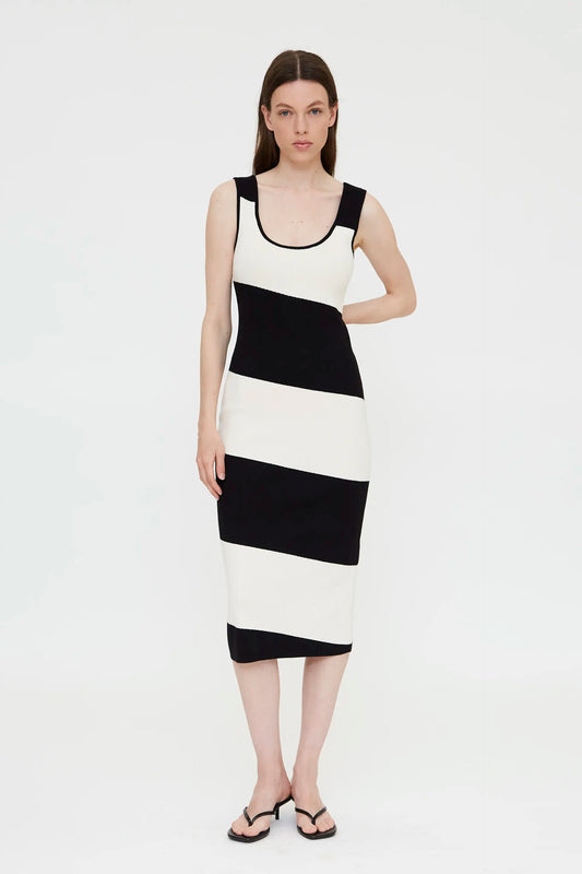 black and white striped knit midi dress