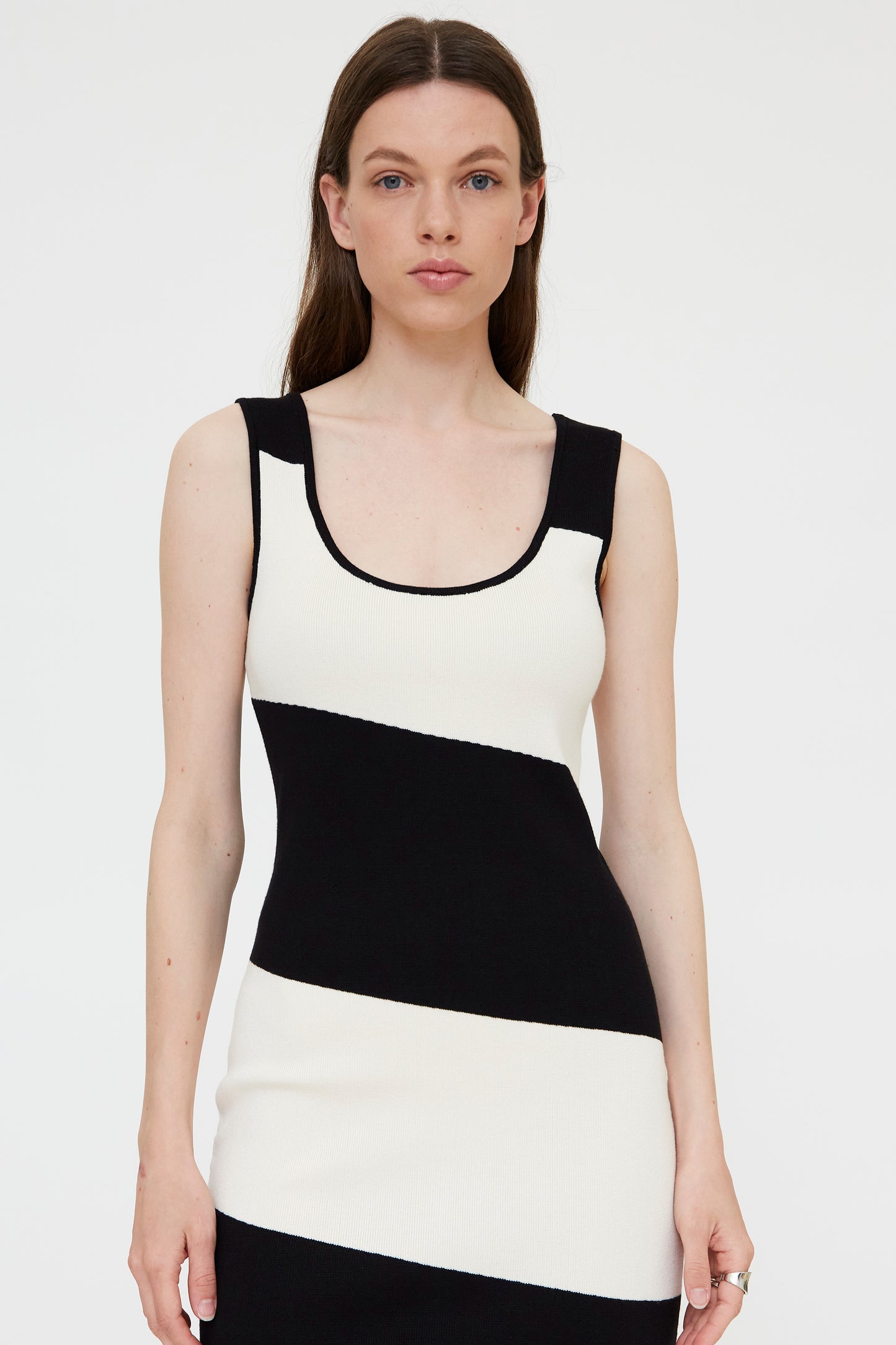 black and white striped knit midi dress