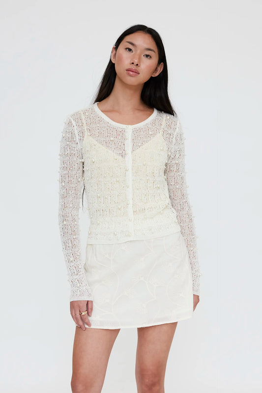 White openwork knit cardigan with pearls