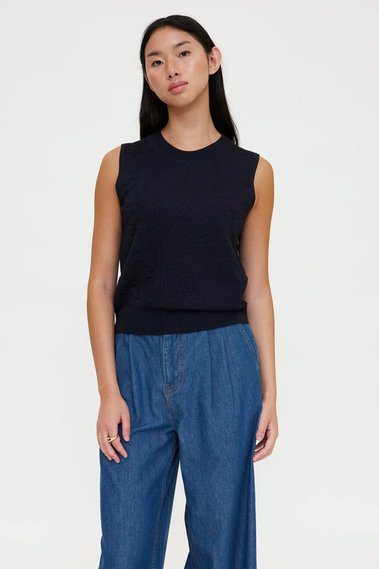 Navy blue embroidered knit top