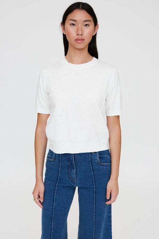 White knit top with rhinestone detail