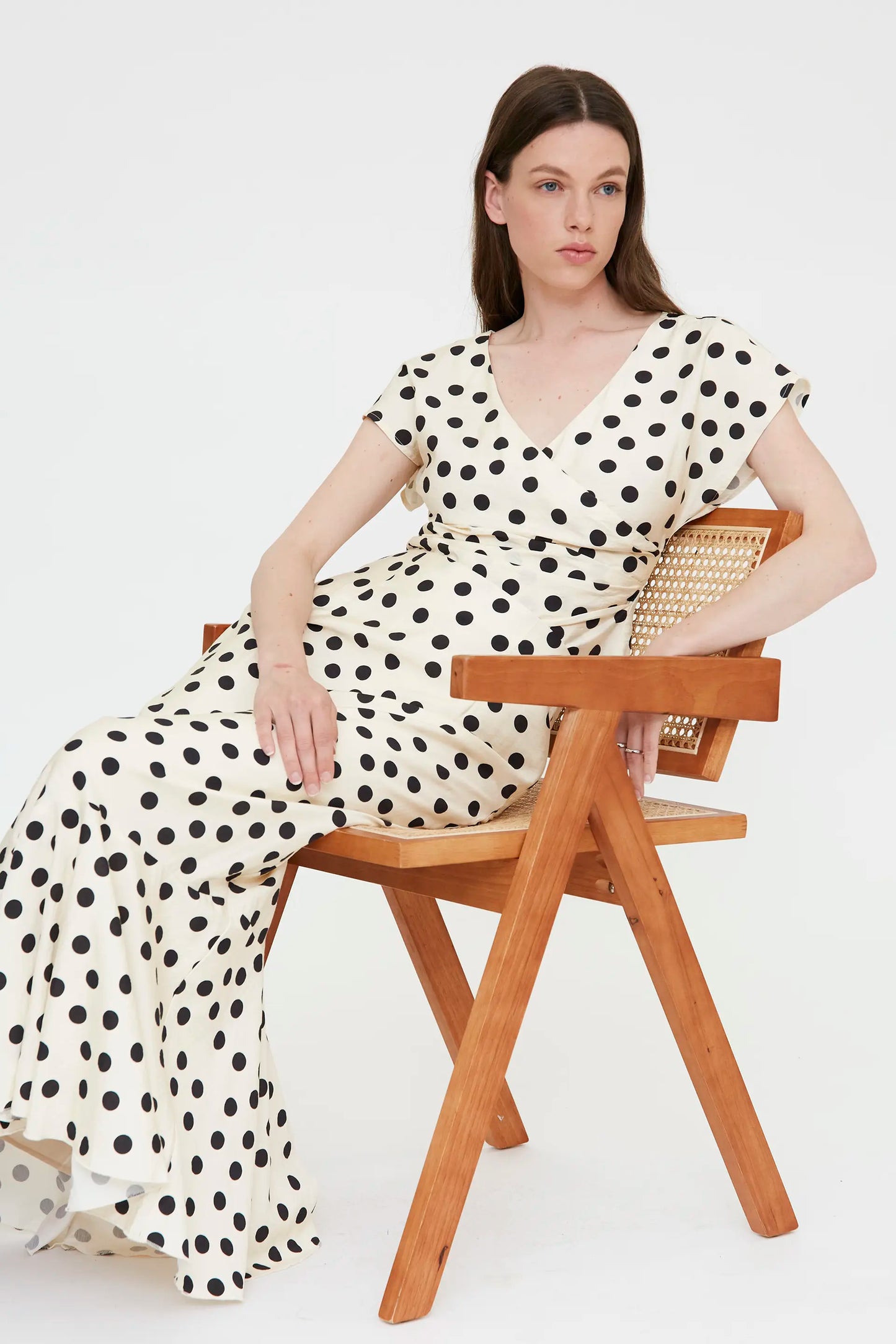 Long skirt with black and white polka dot print