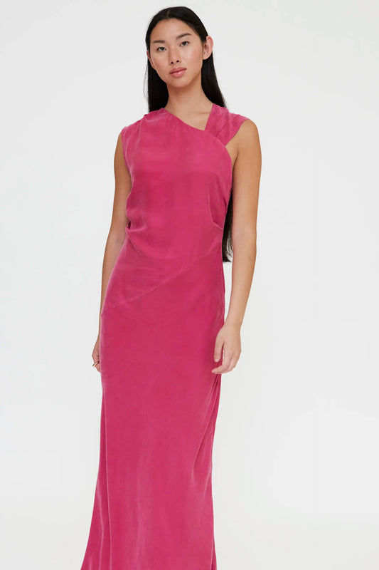 Vestido largo asimétrico fucsia