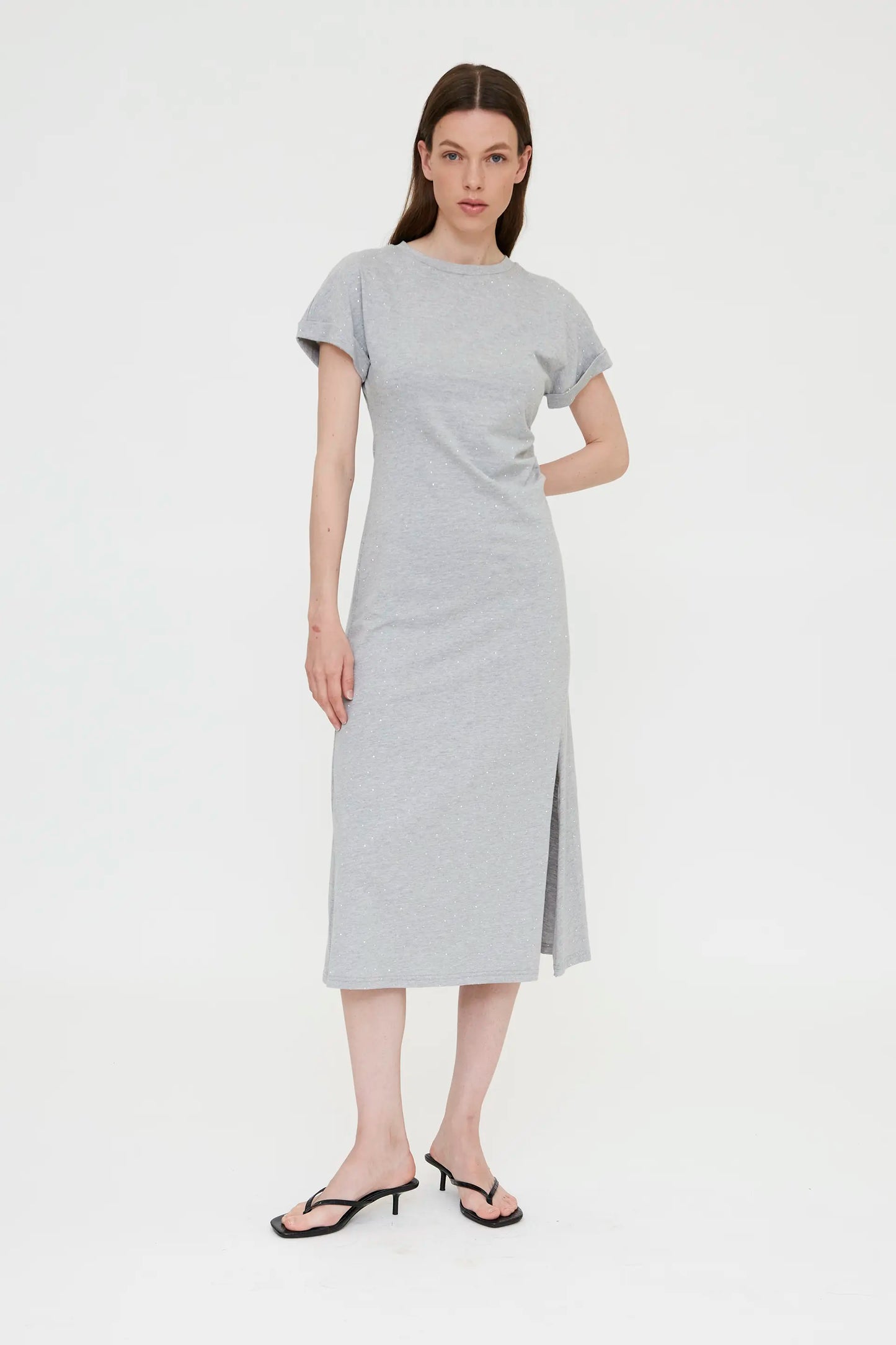 Midi dress with appliqués, 100% cotton, grey
