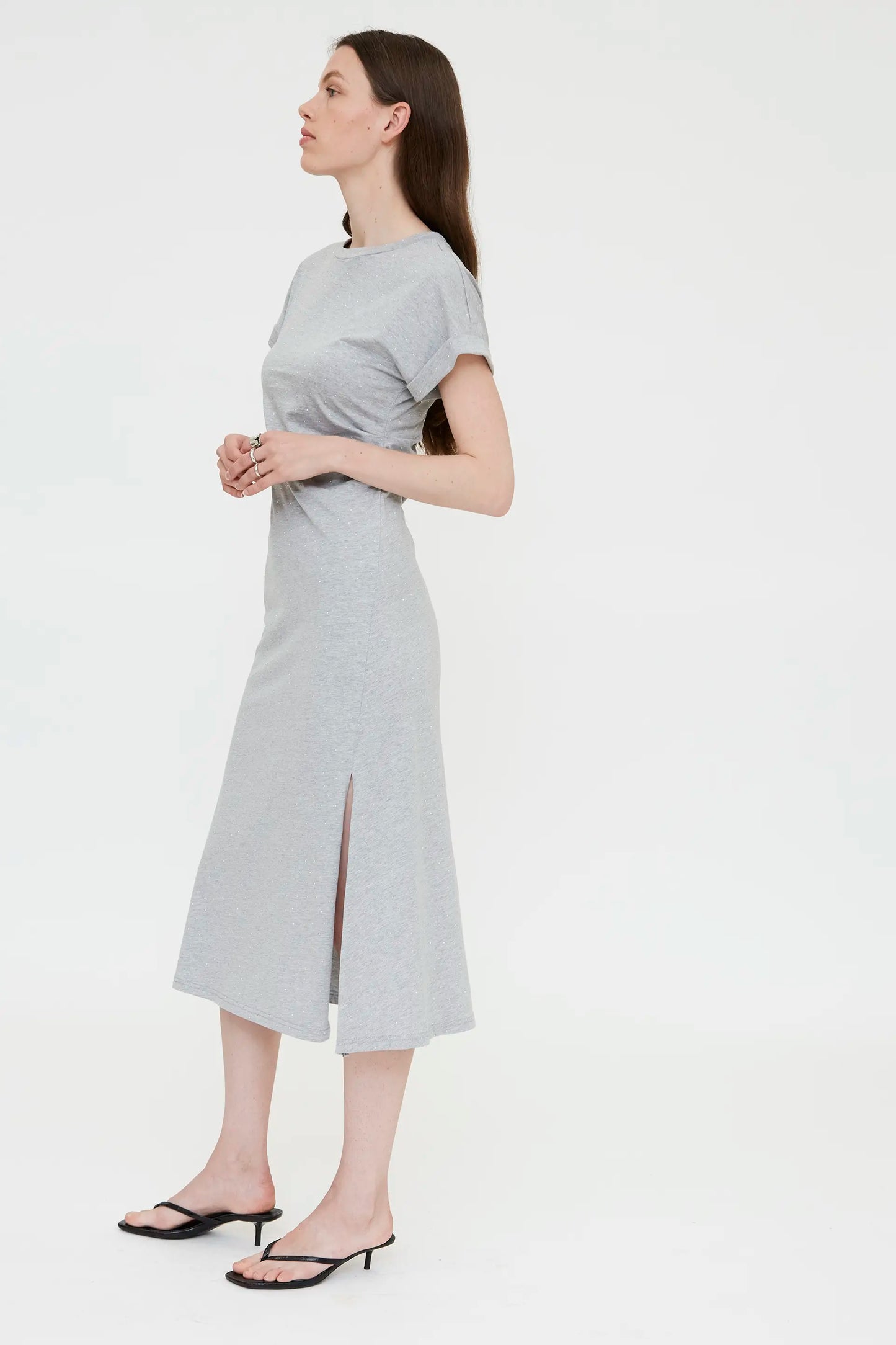 Midi dress with appliqués, 100% cotton, grey