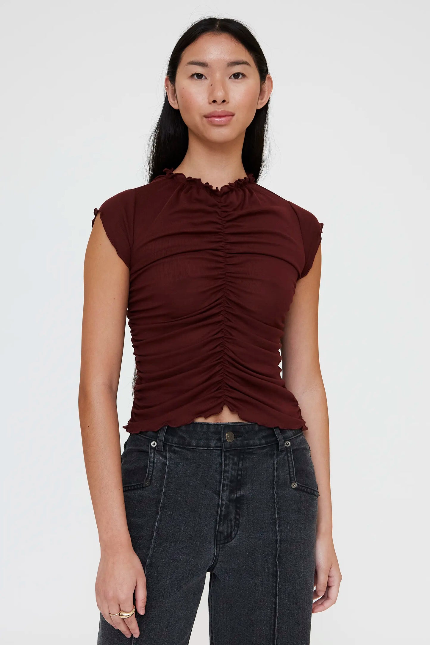 white brown ruched t-shirt