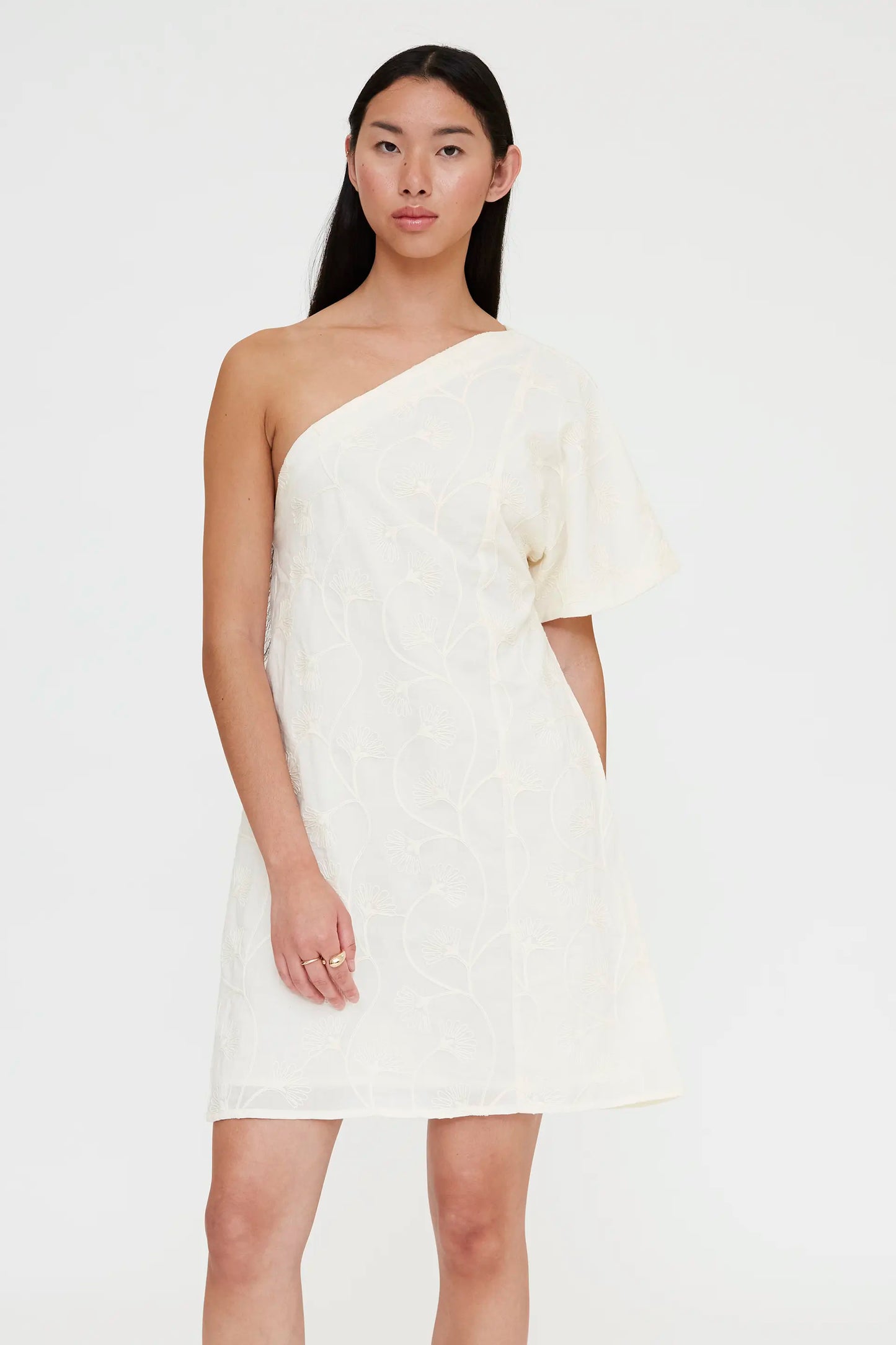 Short asymmetrical dress, 100% cotton, off-white