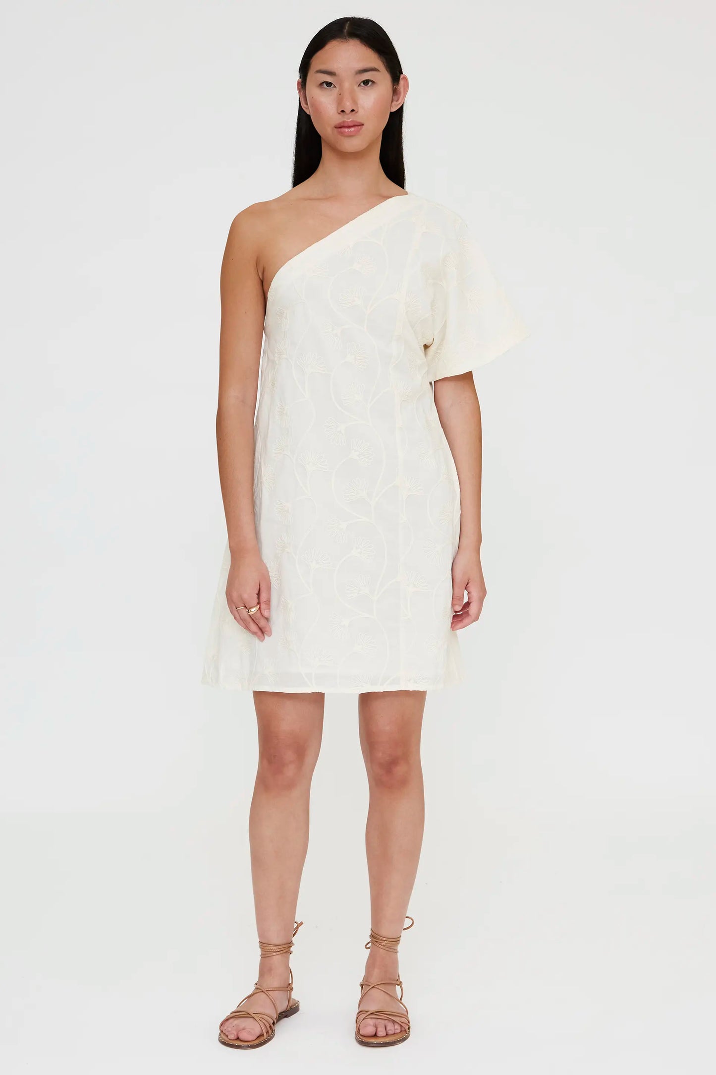 Short asymmetrical dress, 100% cotton, off-white