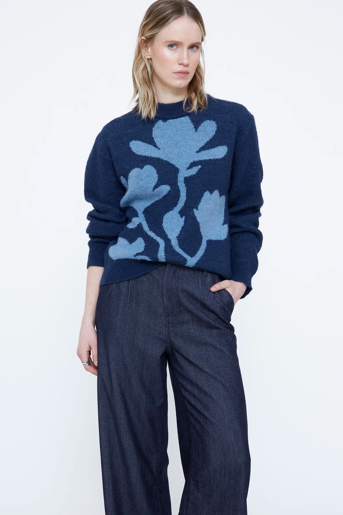 Navy blue jersey with blue floral print