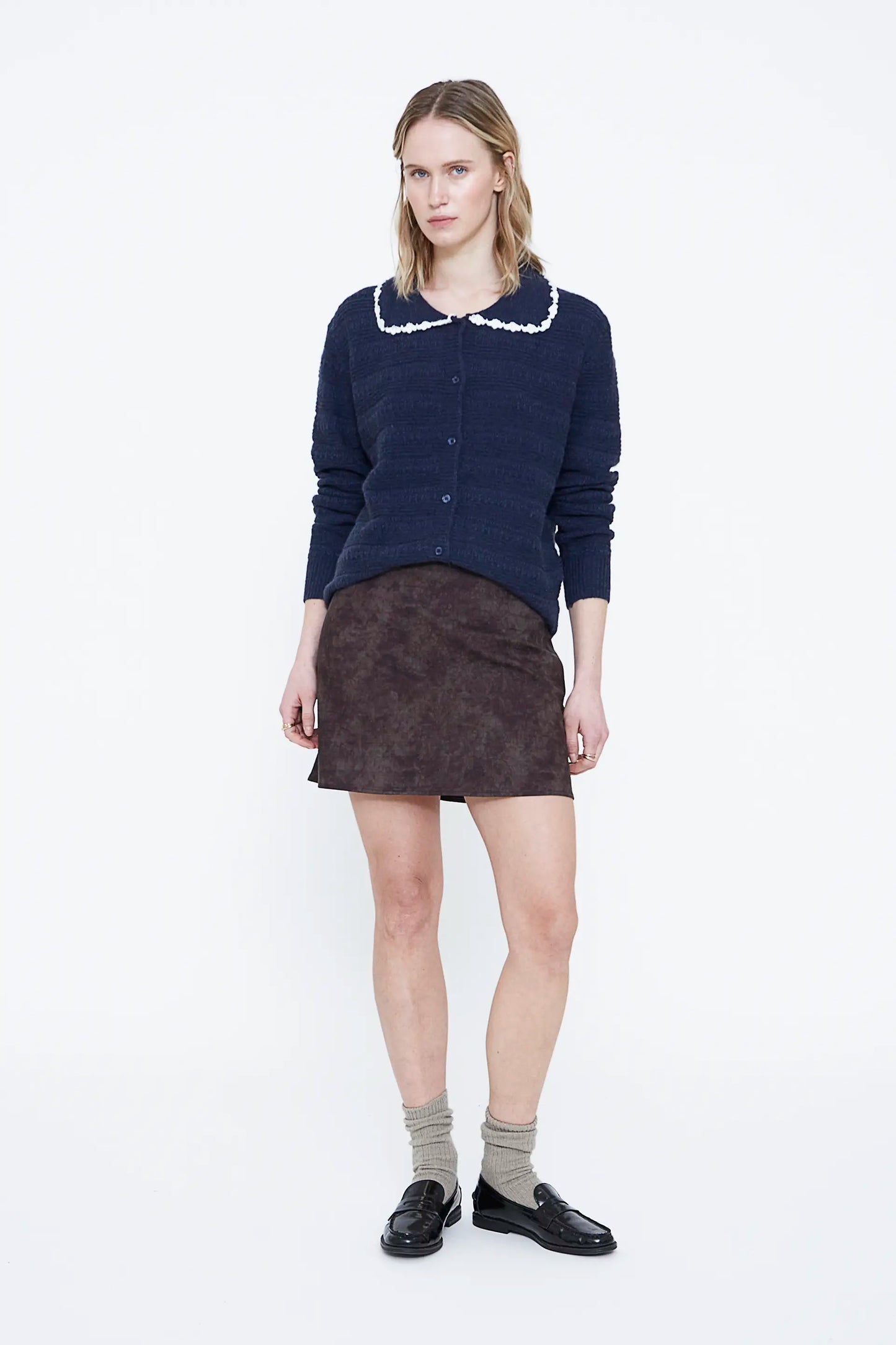 Navy bib collar knit cardigan